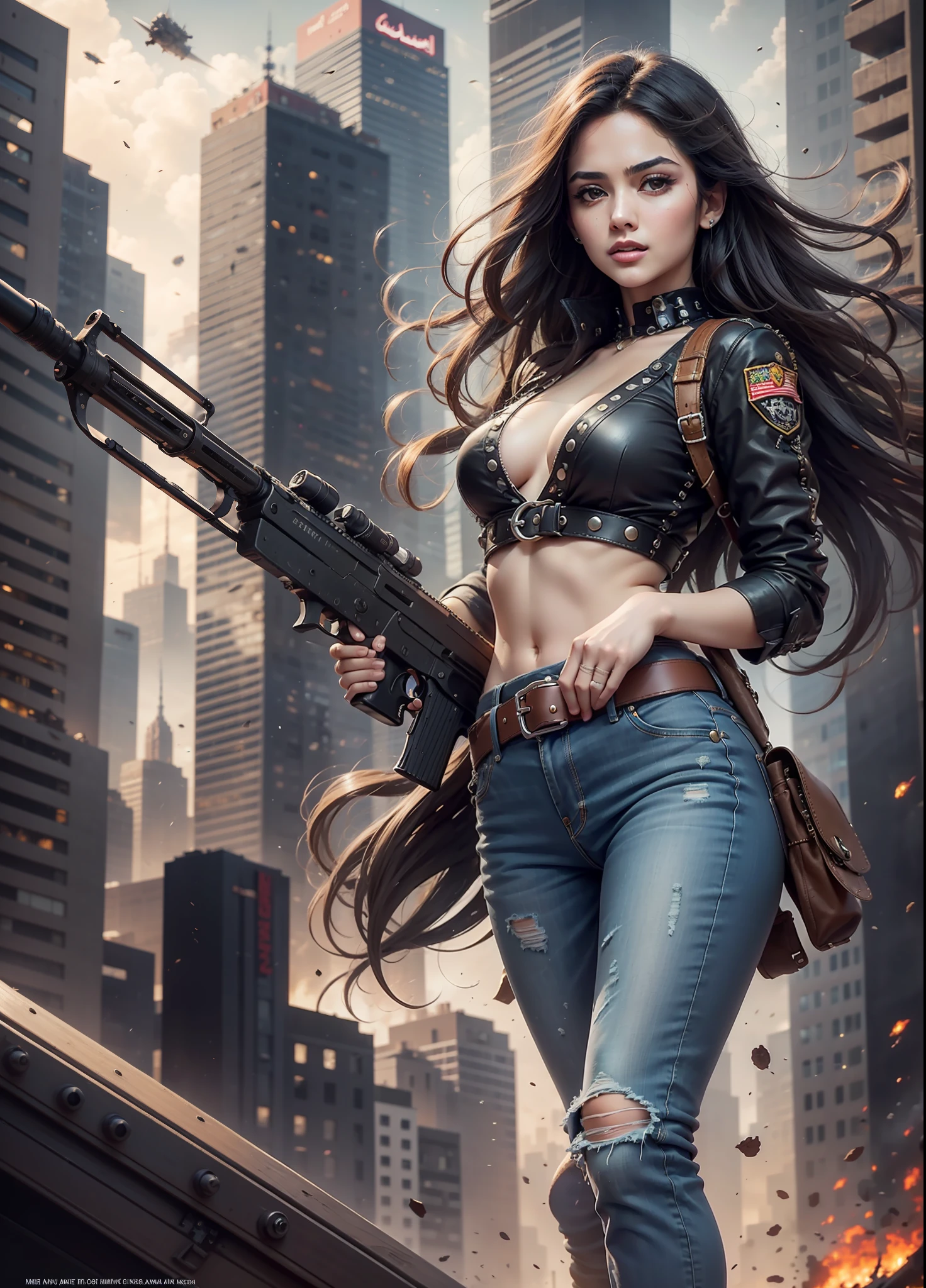 Arab movie poster, beautiful woman, medium dark long hair, senglasses, black jeans, belt, rivets, holster, with big gun in hand, rivets, explosions, city, skyscrapers, aliens invades, just one body