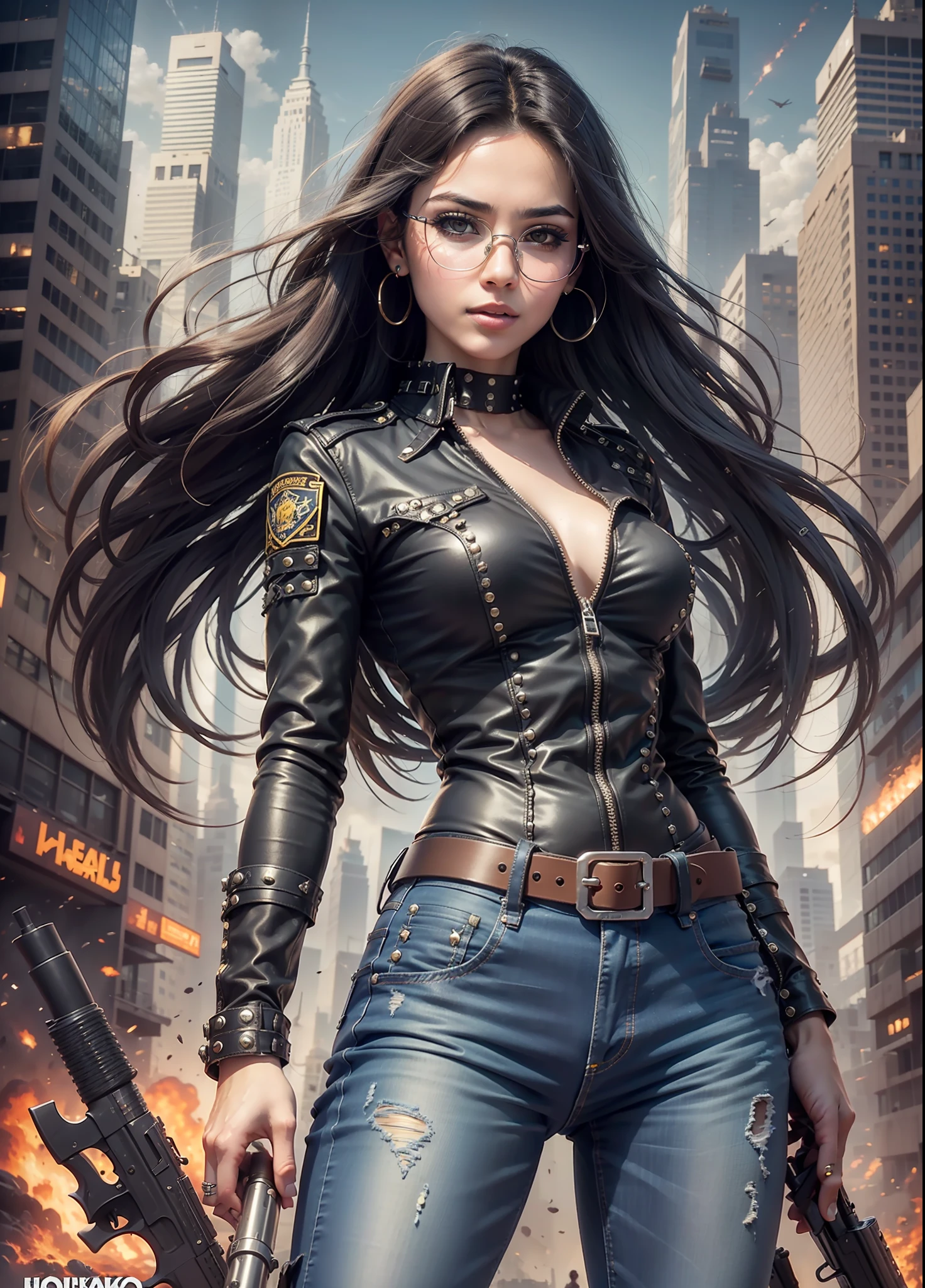 Arab movie poster, beautiful woman, medium dark long hair, senglasses, black jeans, belt, rivets, holster, with big gun in hand, rivets, explosions, city, skyscrapers, aliens invades, just one body