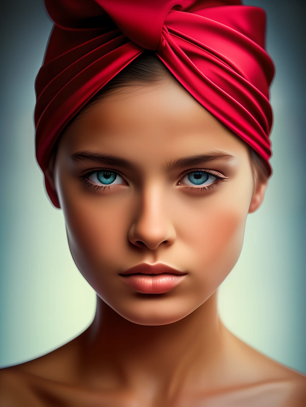 Surreal Macro Portraiture, of a insanely beautiful young girl, red silk scarf around her head, in the style of Diego Fazio, photorealism, vibrant interplay of light and shadows, vivid focus