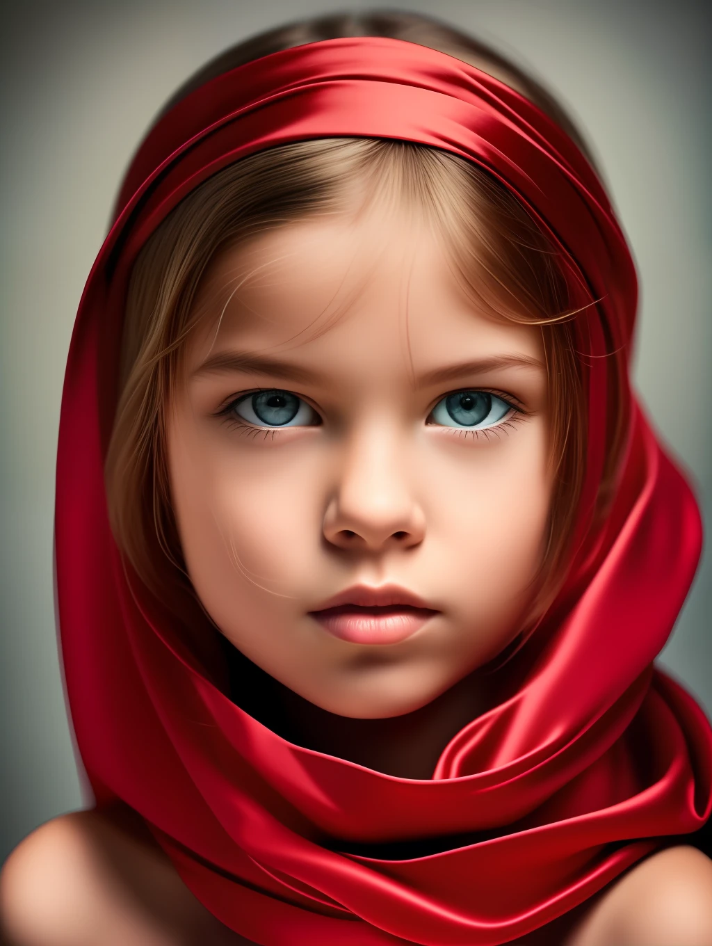 Surreal Macro Portraiture, of a insanely beautiful young girl, red silk scarf around her head, in the style of Diego Fazio, photorealism, vibrant interplay of light and shadows, vivid focus