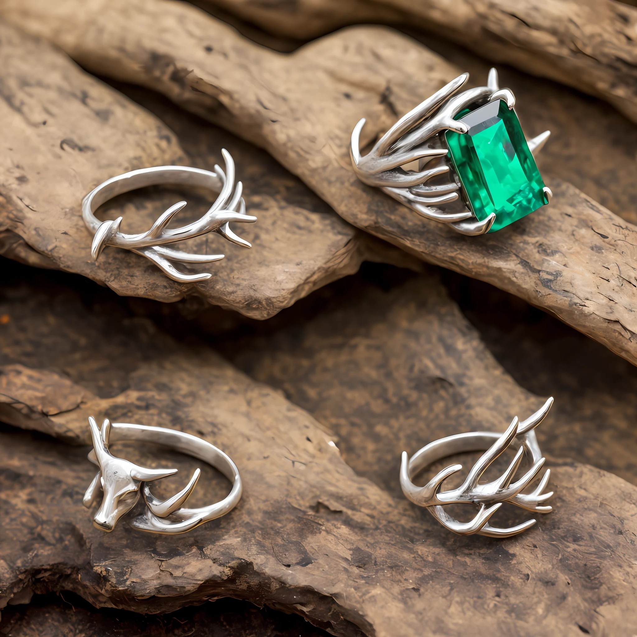 Antler ring, antlers holding up an emerald.
