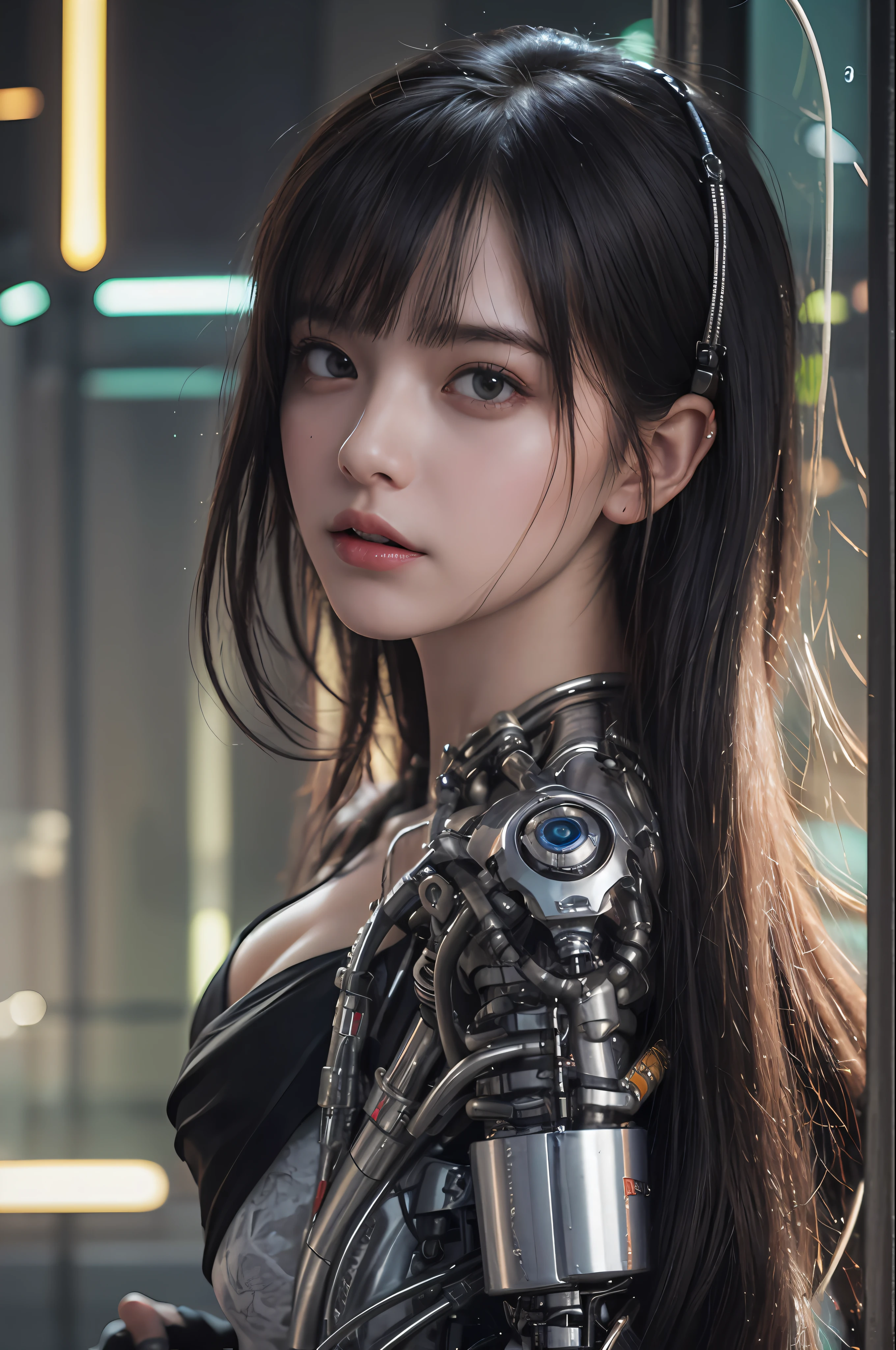 Top Quality, Masterpiece, Ultra High Resolution, (Photorealistic: 1.4), Raw Photo, 1 Girl, Black Hair, Glossy Skin, 1 Mechanical Girl, (Ultra Realistic Detail)), Portrait, Global Illumination, Shadows, Octane Rendering, 8K, Ultra Sharp, Big, Cleavage Exposed Raw Skin, Metal, Intricate Ornament Details, Headset, Hydraulic cylinder, very intricate details, realistic light, CGSoation trend, purple eyes, glowing eyes, facing the camera, neon details, mechanical limbs, blood vessels connected to tubes, mechanical vertebrae attached to the back, mechanical cervical attachment to the neck, sitting, wires and cables connecting to the head, cyberpunk, small LED lamps,