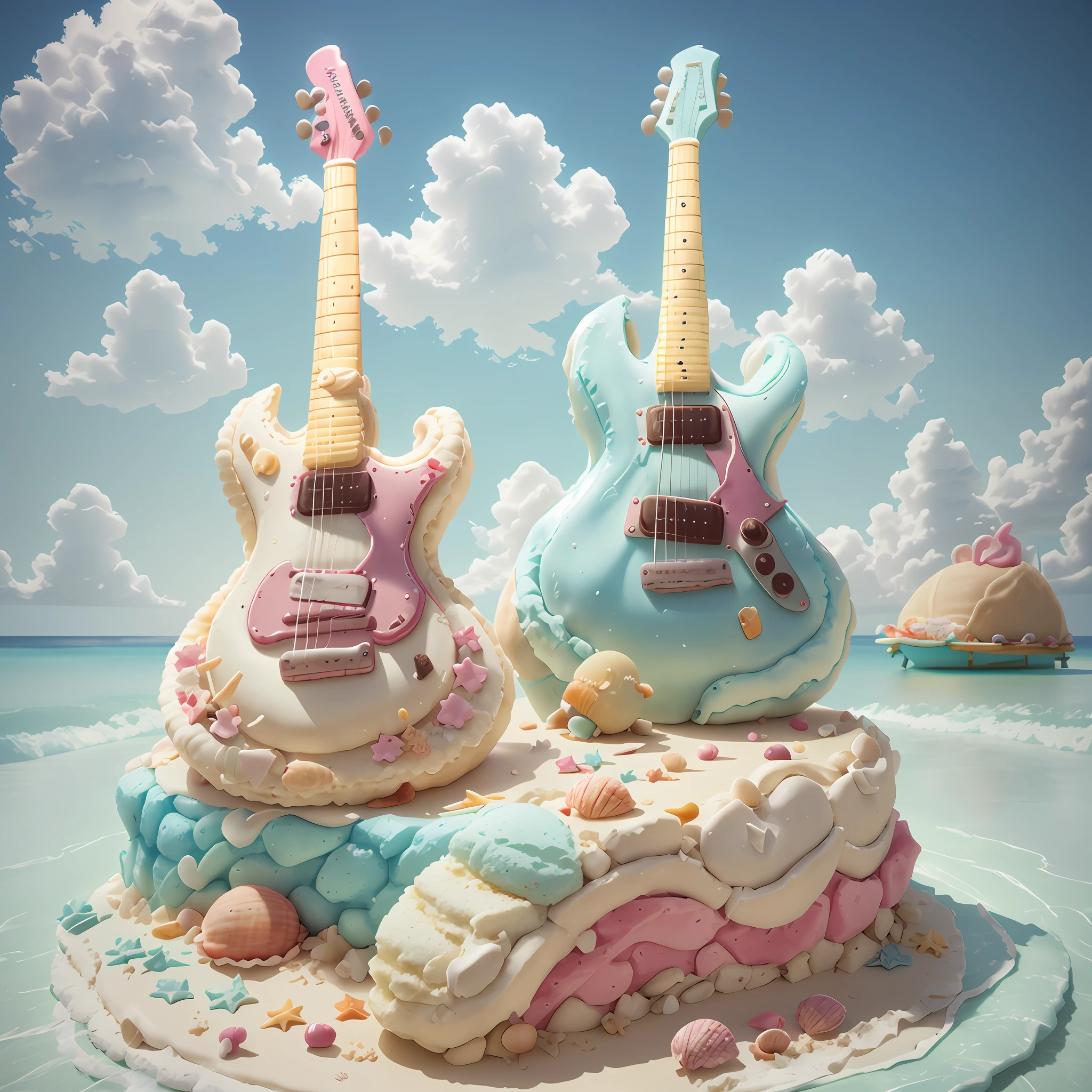 Guitar on beach cake with shells and ocean, highly detailed composition, cake sculpture, cake art, guitar concept art, guitar, Roland Ziervinskis 3d rendering art, 3d rendered digital art, igor grappa, shocking fantasy 3d rendering, badass composition, electric guitar, very, very high detail, Alexander Kucharskii st st st st piano type