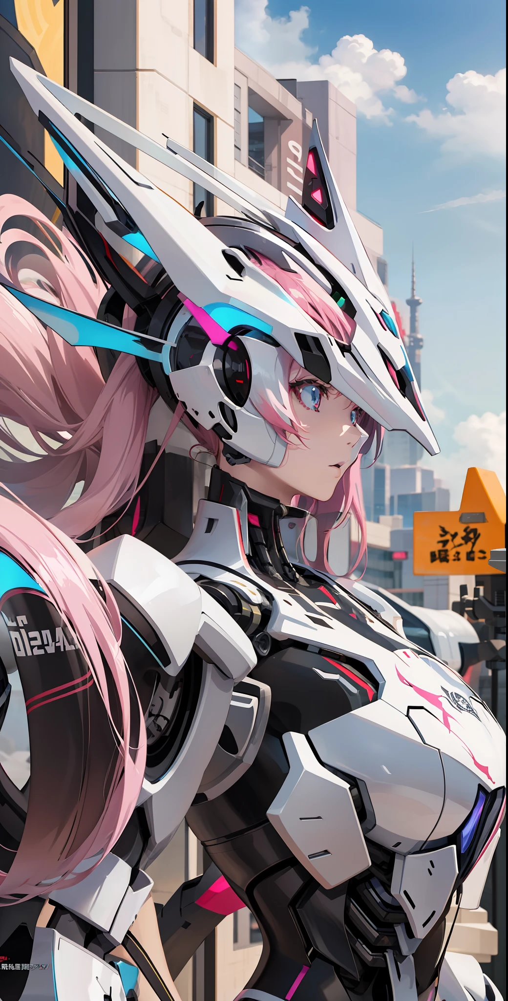 anime character with pink hair and a white and blue costume, best anime 4k konachan wallpaper, anime robotic mixed with organic, anime style 4 k, anime mecha aesthetic, robot mecha female dragon head, detailed digital anime art, cyberpunk anime girl mech, detailed anime artwork, anime art wallpaper 4k, anime art wallpaper 4 k, cool mecha style