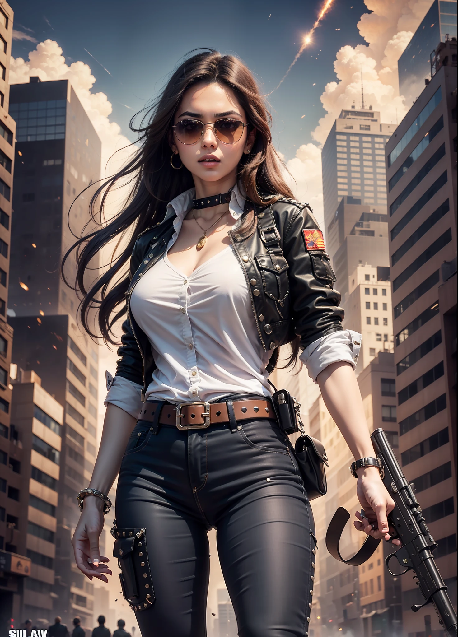 Arab movie poster, beautiful woman, medium dark long hair, sunglasses, black jeans, belt, rivets, holster, with big gun in hand, rivets, explosions, city, skyscrapers, aliens invades, just one body