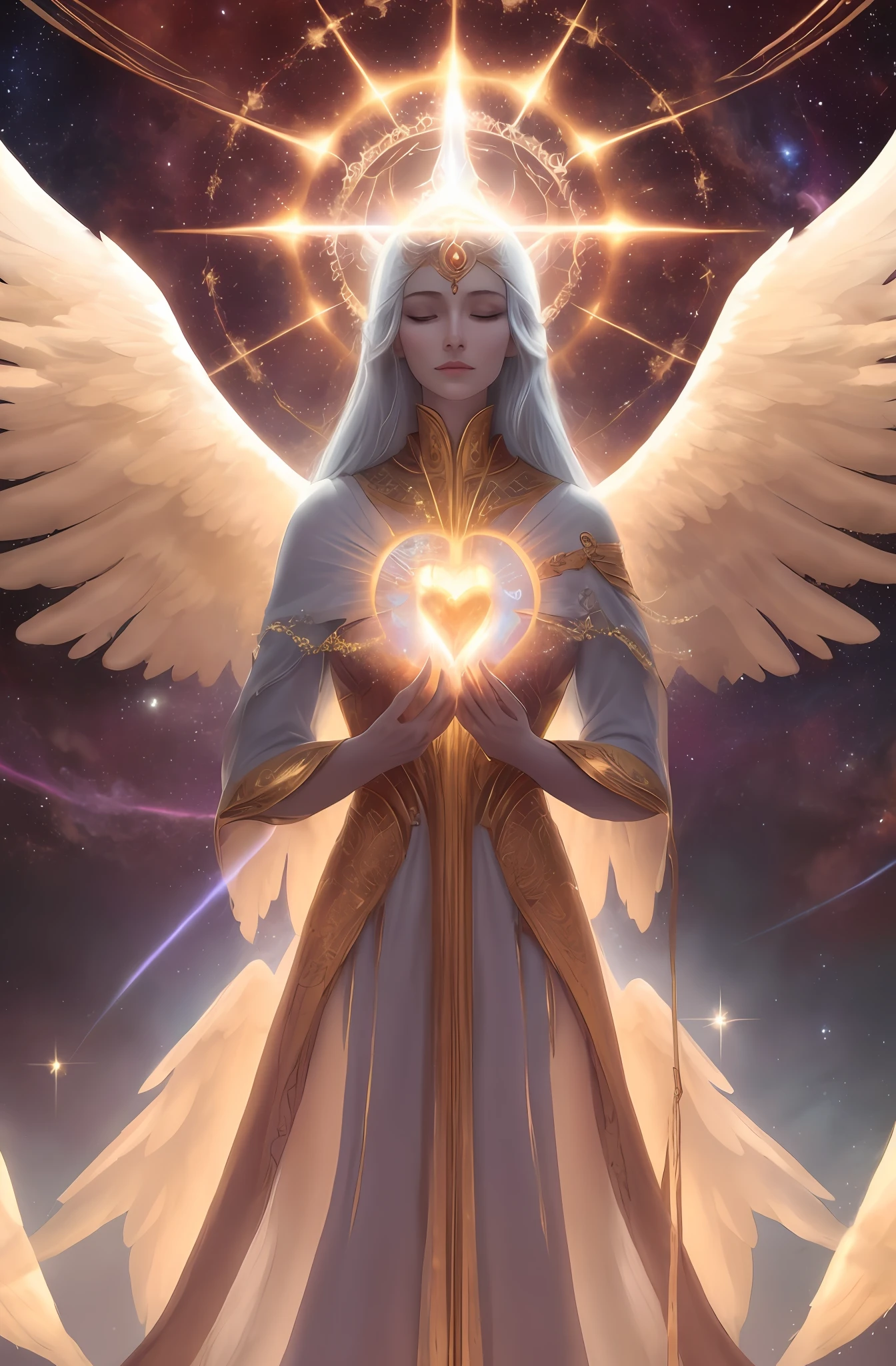 a woman with white hair holding a heart in her hands, eyes open, brilliant angelic being, elven angel meditating in space, goddess of light, ethereal angelic being of light, celestial goddess, blue angelic light, an angel of dawn light, majestic full-bodied angel, tall, angelic female angel, portrait of the queen of light, of the beautiful angel, archangel