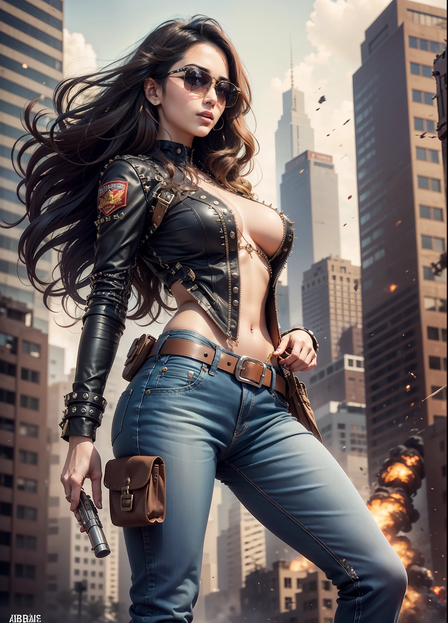 Arab movie poster, beautiful woman, medium dark long hair, sunglasses, black jeans, belt, rivets, holster, with big gun in hand, rivets, explosions, city, skyscrapers, aliens invades, just one body