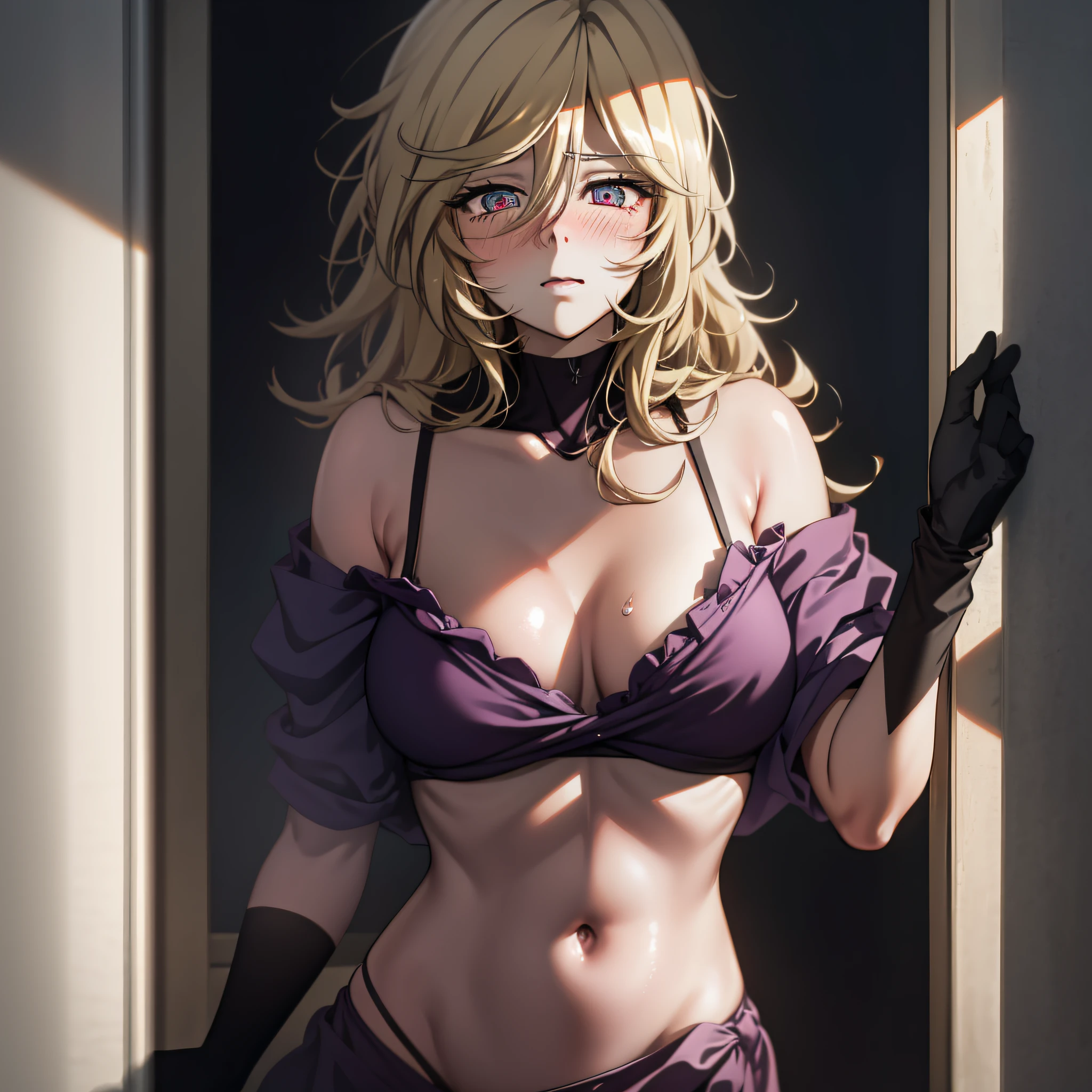 Ultra realistic 8K CG, picture-perfect face, perfect, clean, masterpiece, professional artwork, famous artwork, corruption, perfect face, beautiful face, beautiful eyes, blonde hair, (((perfect female body)), big, solo, (blush: 0.5), highly detailed eyes, beautifully detailed background, depth of field, (ambient light: 1.3), (cinematic composition: 1.3), accent lighting, narrow waist, standing,