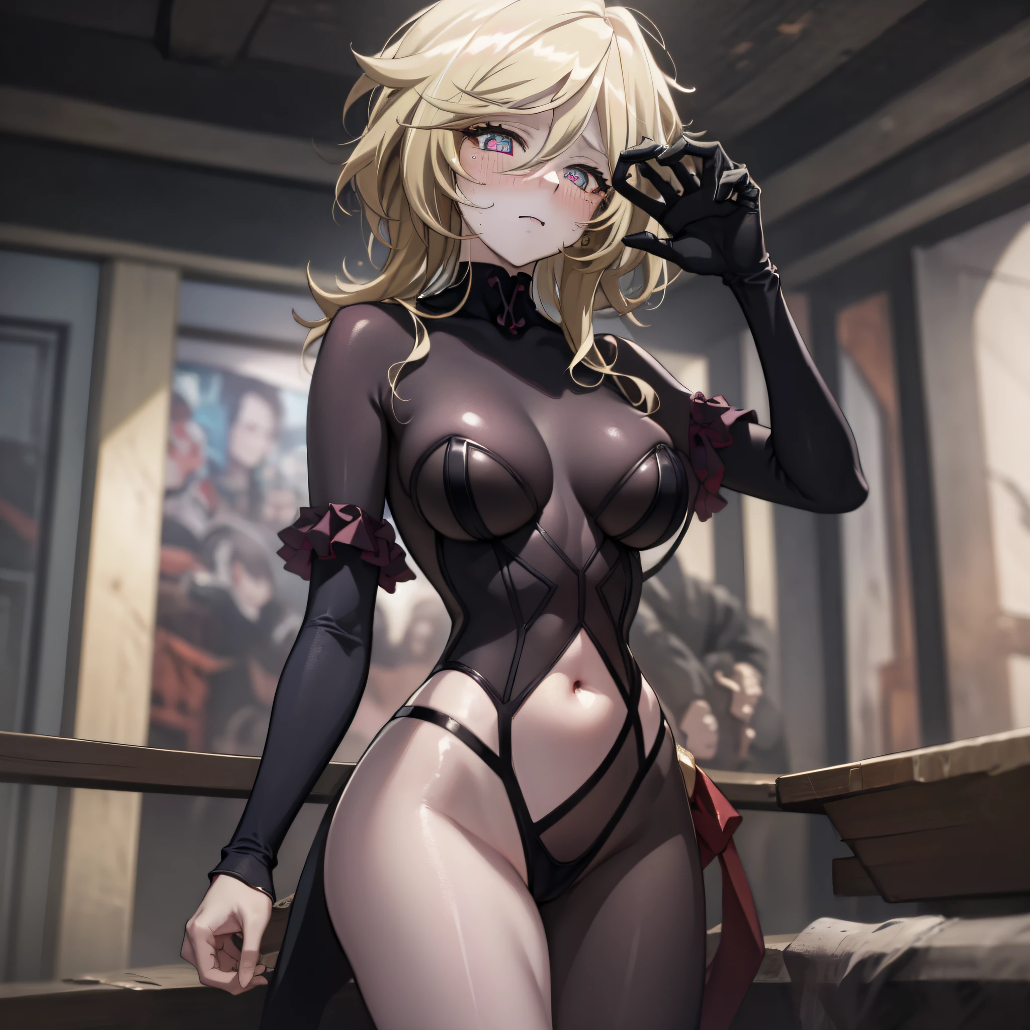 Ultra realistic 8K CG, picture-perfect face, perfect, clean, masterpiece, professional artwork, famous artwork, corruption, perfect face, beautiful face, beautiful eyes, blonde hair, (((perfect female body)), big, solo, (blush: 0.5), highly detailed eyes, beautifully detailed background, depth of field, (ambient light: 1.3), (cinematic composition: 1.3), accent lighting, narrow waist, standing,