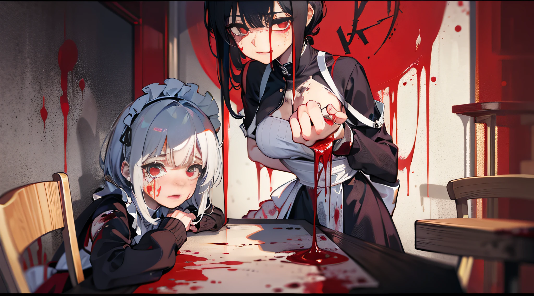 girl, red bright pupils, vista, maid outfit, white blood-stained stockings, sneakers, crying, blood tears, blood stained face, blood stained on clothes, dark background, full panorama, panic, devil's horn, standing, red, in the dining room, surrounded by tables and chairs, tables and chairs turned over, fight marks, blood on the ground, blood stains on the wall, murder weapon, creepy, super delicate face, 8k