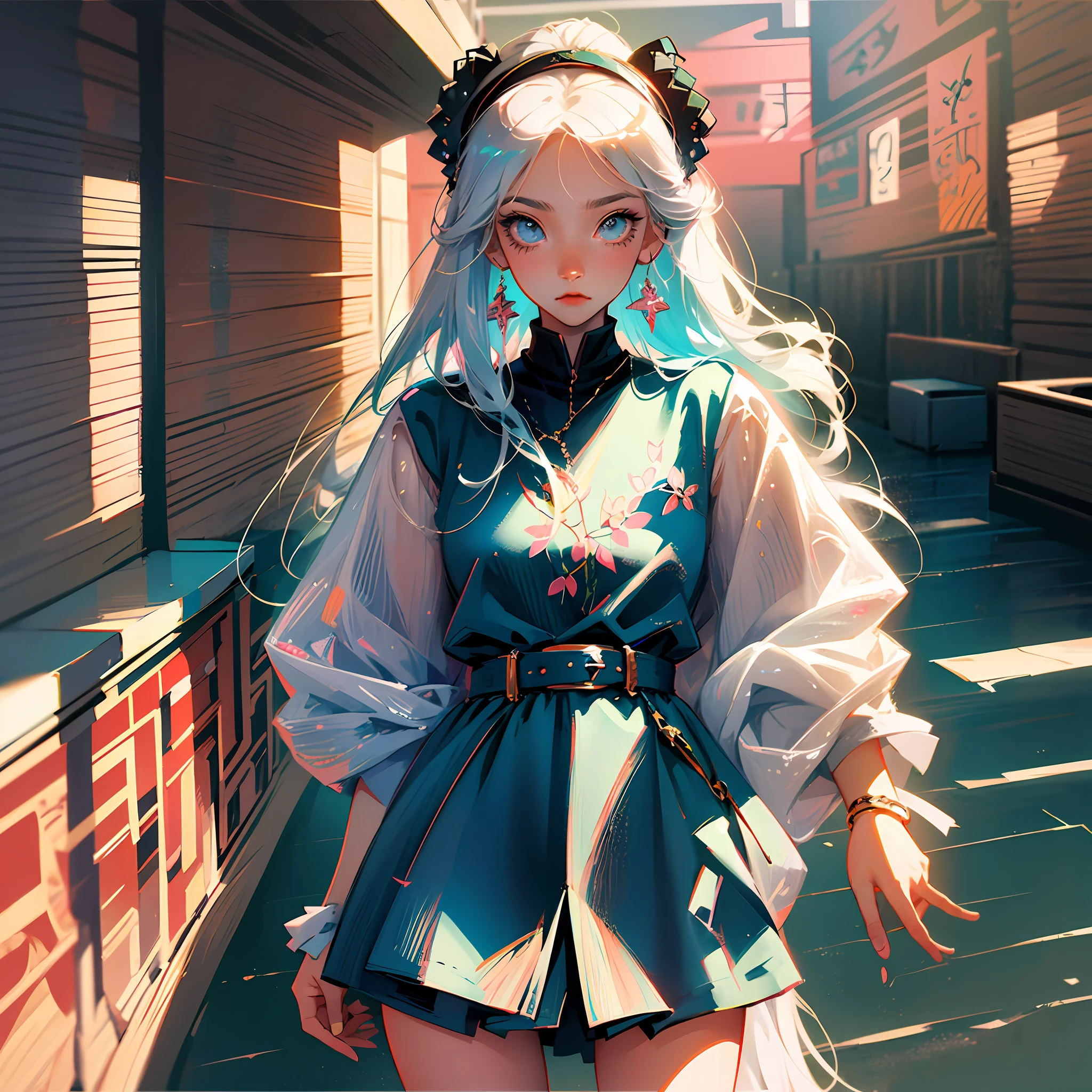 Anime girl posing in front of picture wall with gray hair and blue jeans, Lofe girl, art style of anime in 8 0s, anime art style in 9 0s, anime art style, cute art style, Loepy girl aesthetic, retro anime girl, beautiful anime art style --auto --s2