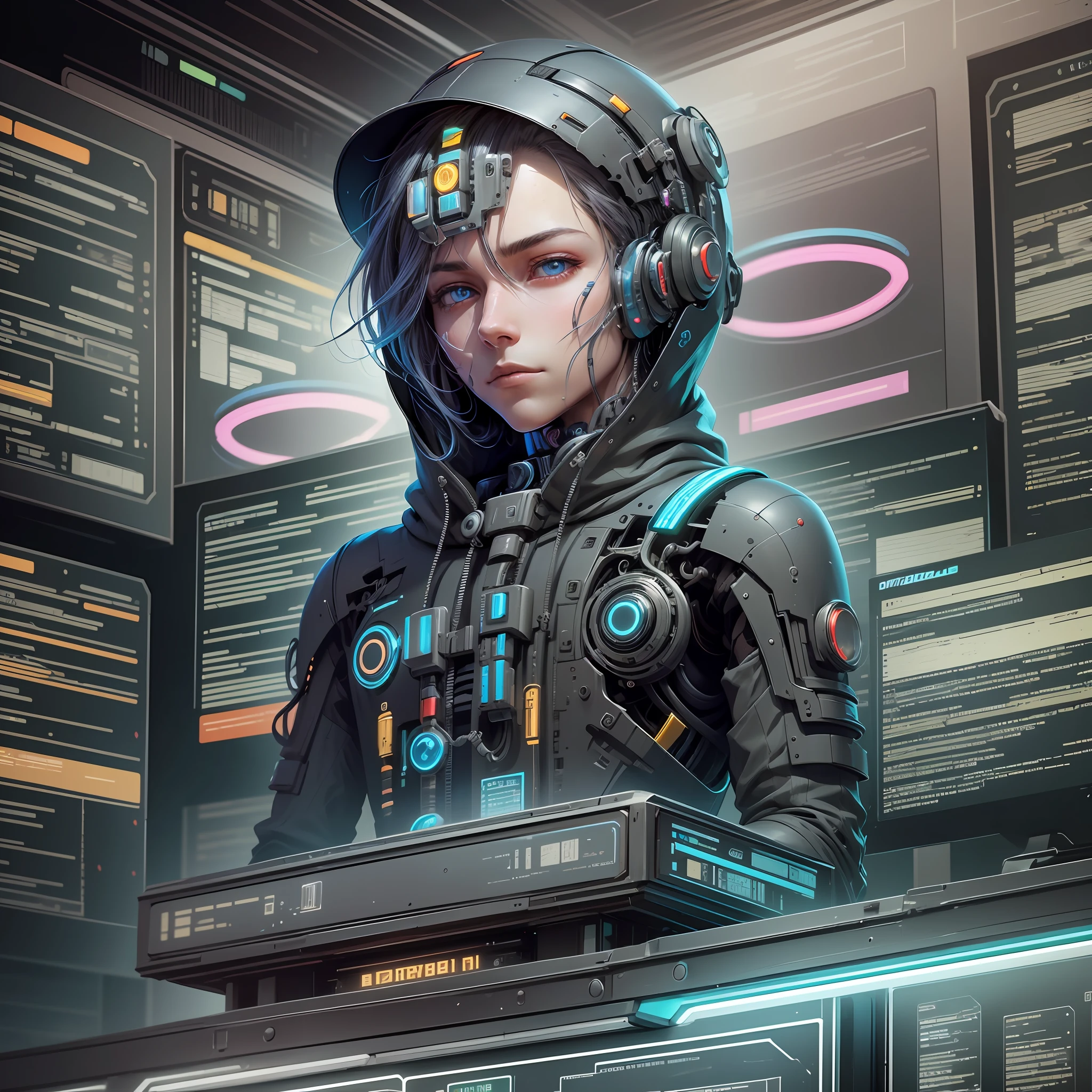 (a virtualized male humanoid robot 1.6), (male 1.6), (the face is full of complex programs of modern informatization of science and technology 1.4), colorful eyes, eyes are densely packed with information, wearing a black hoodie, hat on the head, very mysterious feeling, the background is countless electronic screens, computers and modern information displays, the background is colorful and gorgeous, cyberpunk style, front