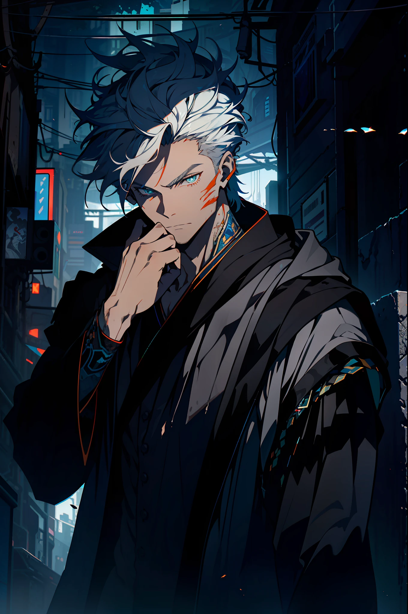 Cyberpunk male, fantasy world, dark background, clean design, epic instagram, artstation, colorful paint splatter, silhouette, hyper detailed intricate details, unreal engine, fantasy, intricate details, splash screen, complementary colors, Fantasy concept art, 8k resolution, deviantart masterpiece, oil painting, heavy strokes, paint dripping, (isolated on white background: 1.3), rainbow skin, (((handsome young man))), ((teenage:1.5) ), (glowing blue eyes), ((light eyes)), ((((short white hair: 1.1))), ((black clothes)), (prince\\(indifferent expression\\),, ( ((Wears high detail luxurious black robe))), white hair, frost magic, ((chest) --v 6