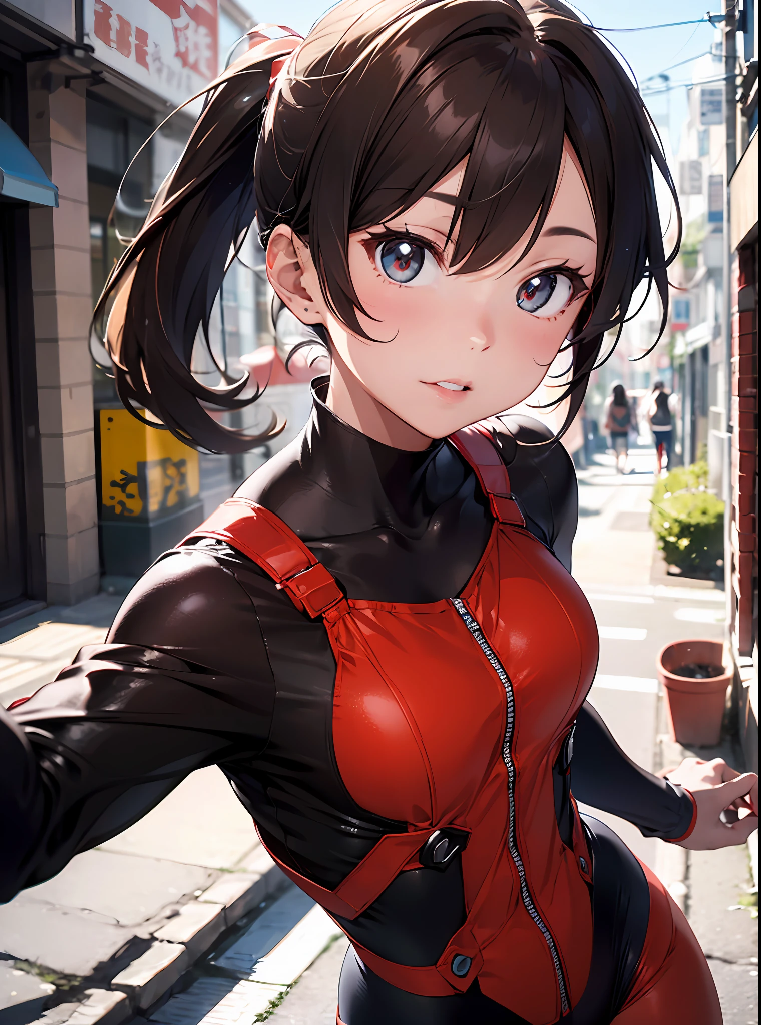 8K photo, f/1.8, ultra-realistic, neat beauty, beautiful cut eyes, about 20 years old, Soryu Asuka Langley similar beauty, ((ponytail hairstyle)), plug suit