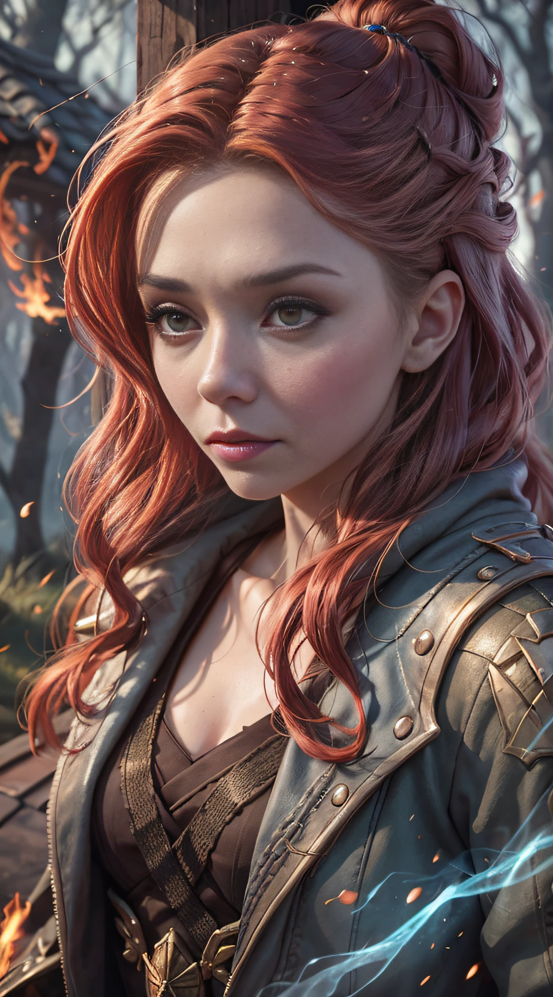 a sorceress in the style of diablo 4, maga di4bl0 IV, 1 staff, thin, overcoat, wavy light red hair, ((roof face of actress Elizabeth Olsen)), beautiful nose, gorgeous face, fire magic, dark forest scenery, long eyelashes, eyes with brightness // surrealism, shadow, pov, atmospheric perspective, cinematic lighting, ray tracing, 8k, 32k, super detail, best quality, masterpiece, insanely detailed,  lightroom, realistic lighting (Canan EOS R6, 135mm, 1/1250s, f/2.8, ISO 400:0.9) (photorealistic, realistic: 1.2)