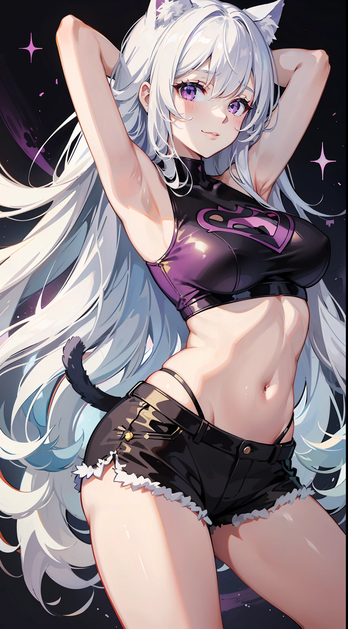 Young girl, long white hair, purple eyes, cat ears, superhero uniform, shorts, sleeveless, open belly, inner sideboob, smirk, masterpiece, high quality