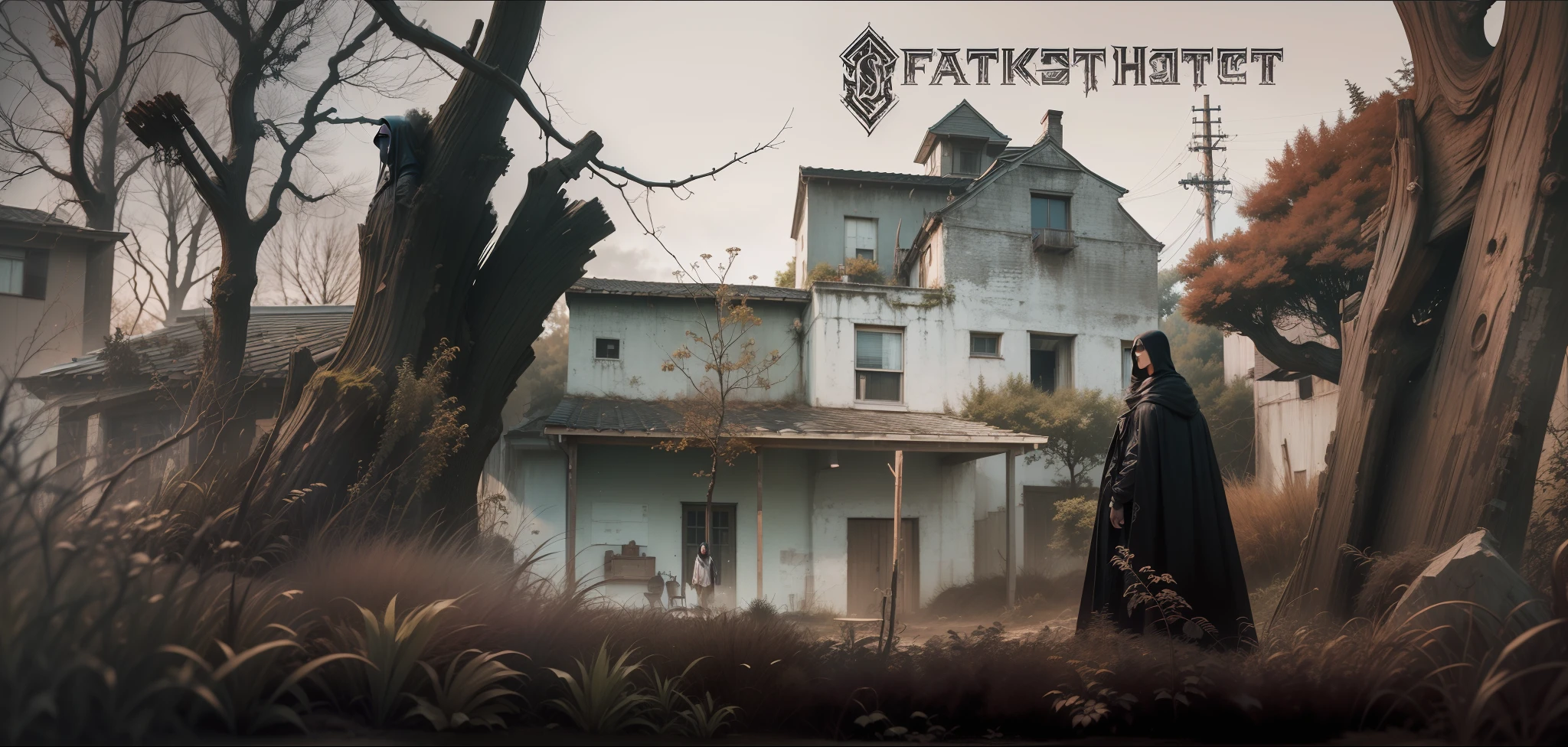 There's a figurative-painted-looking woman with a phosphorescent greenish face with very black hair, eyes, and clothes wearing a long black cape and standing in front of a vast backyard with dry brush and tree trunks and typical American two-story houses in the background in the far distance from the image, professional twilight light, panoramic image, large entirely, image with high texture content and color saturation, metal album cover, alternative album cover, Dark BaCGKGROUND, dark ambient album cover, album cover, album cover, black habit, black magic, dark color, album art cover, badass composition, — testp. --auto --s2