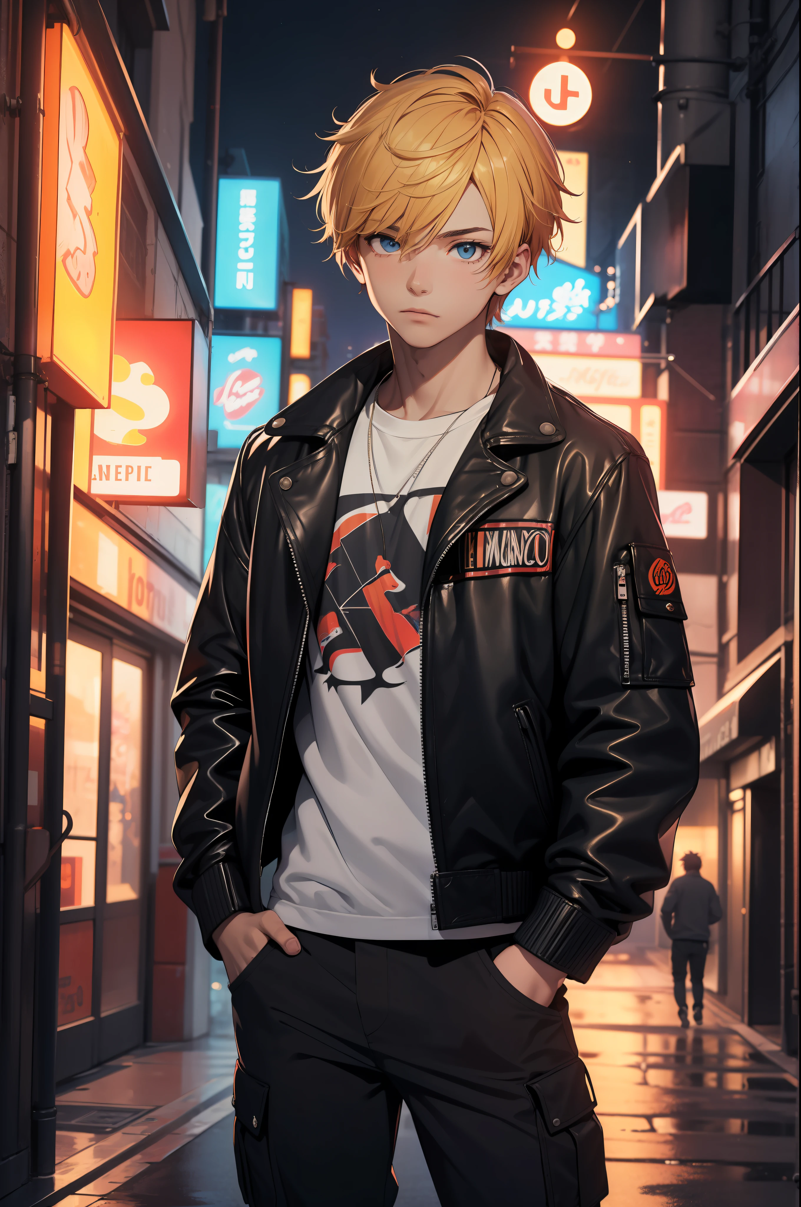 (masterpiece:1.4), 1boy, Streetwear, leather jacket, cargo pants, street, (masterpiece, best quality, highres, ultra detailed ), night, depth of field, absurdres, (masterpiece:1.4), ultra-detailed, 1boy, stand up, orange and white, short blond wildly hair with black streaks, urban mage, surrounded by neon and colored sparks