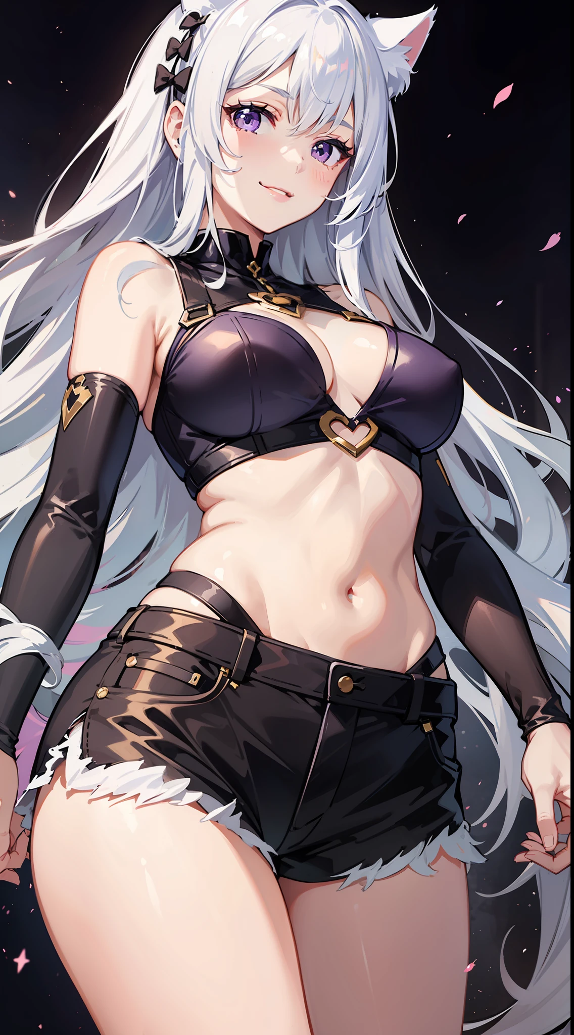 Young girl, long white hair, purple eyes, cat ears, superhero uniform, shorts, sleeveless, open belly, inner sideboob, smirk, masterpiece, high quality