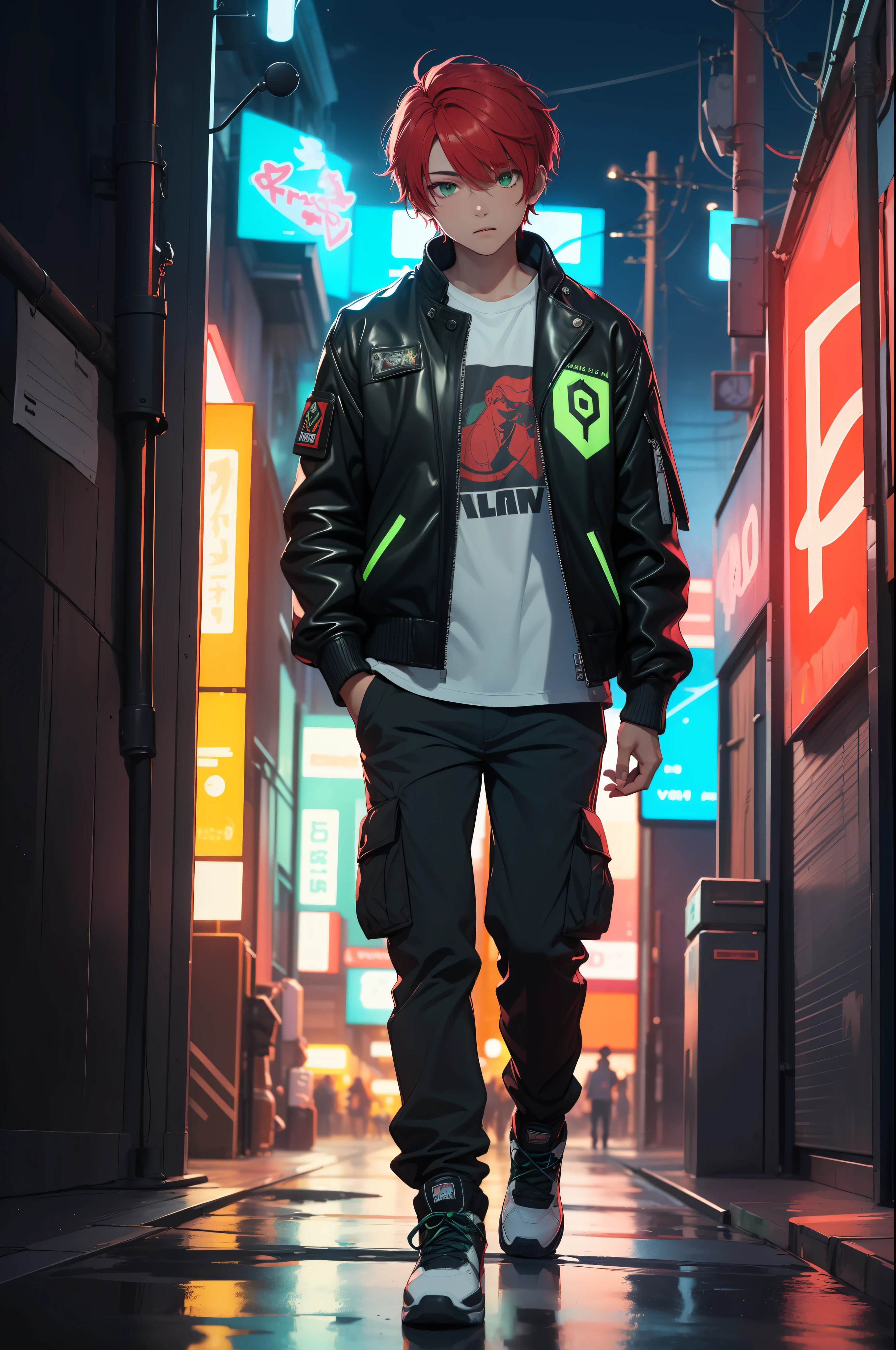 (masterpiece:1.4), 1boy, Streetwear, leather jacket, cargo pants, street, (masterpiece, best quality, highres, ultra detailed ), night, depth of field, absurdres, (masterpiece:1.4), ultra-detailed, 1boy, stand up, green and red, short red wildly hair with black streaks, urban mage, surrounded by neon and colored sparks