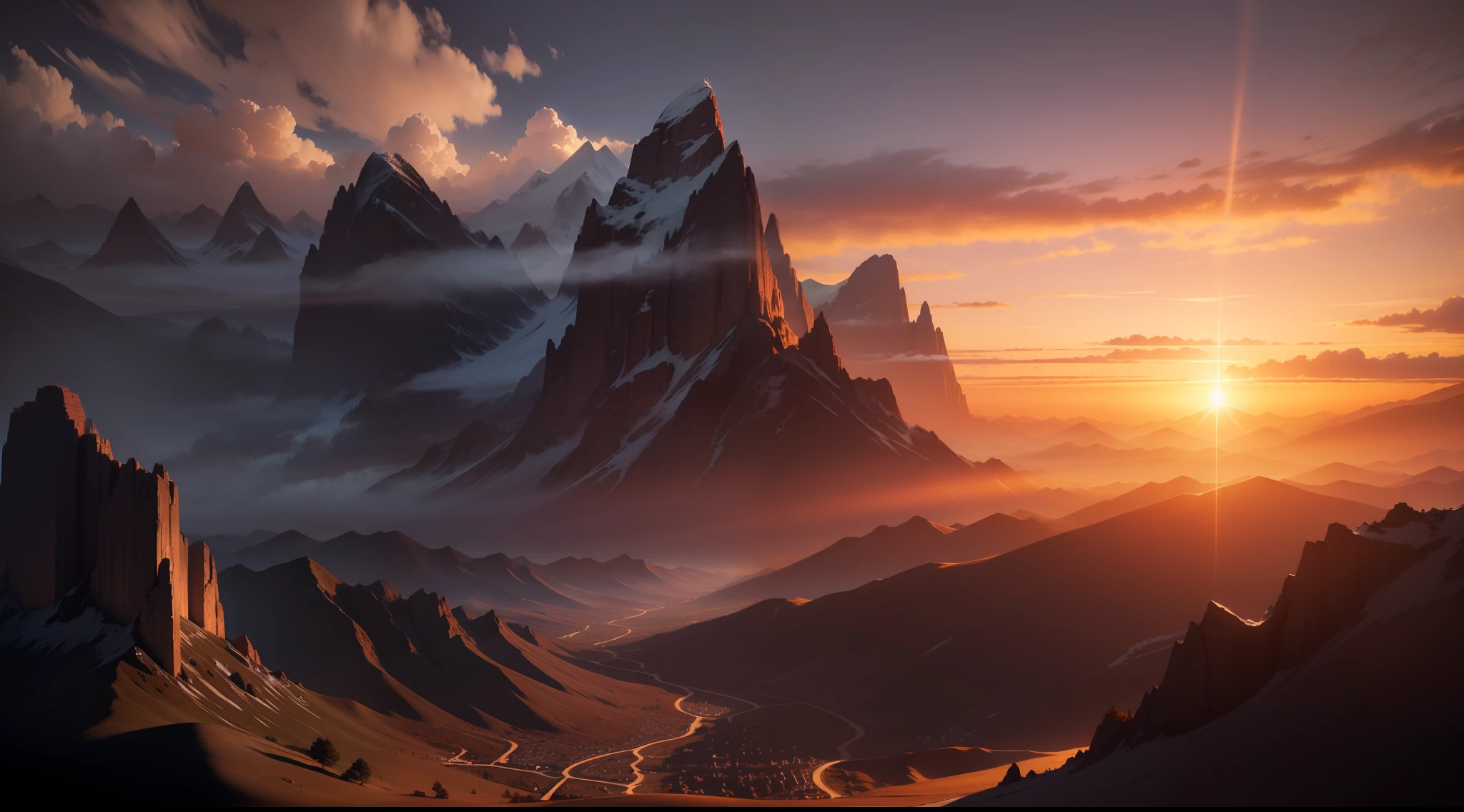 Sunset, mountains, Realism, Hyperrealism, cinematic lighting, backlighting, Canon, panorama, UHD, super detail, high details, 16k