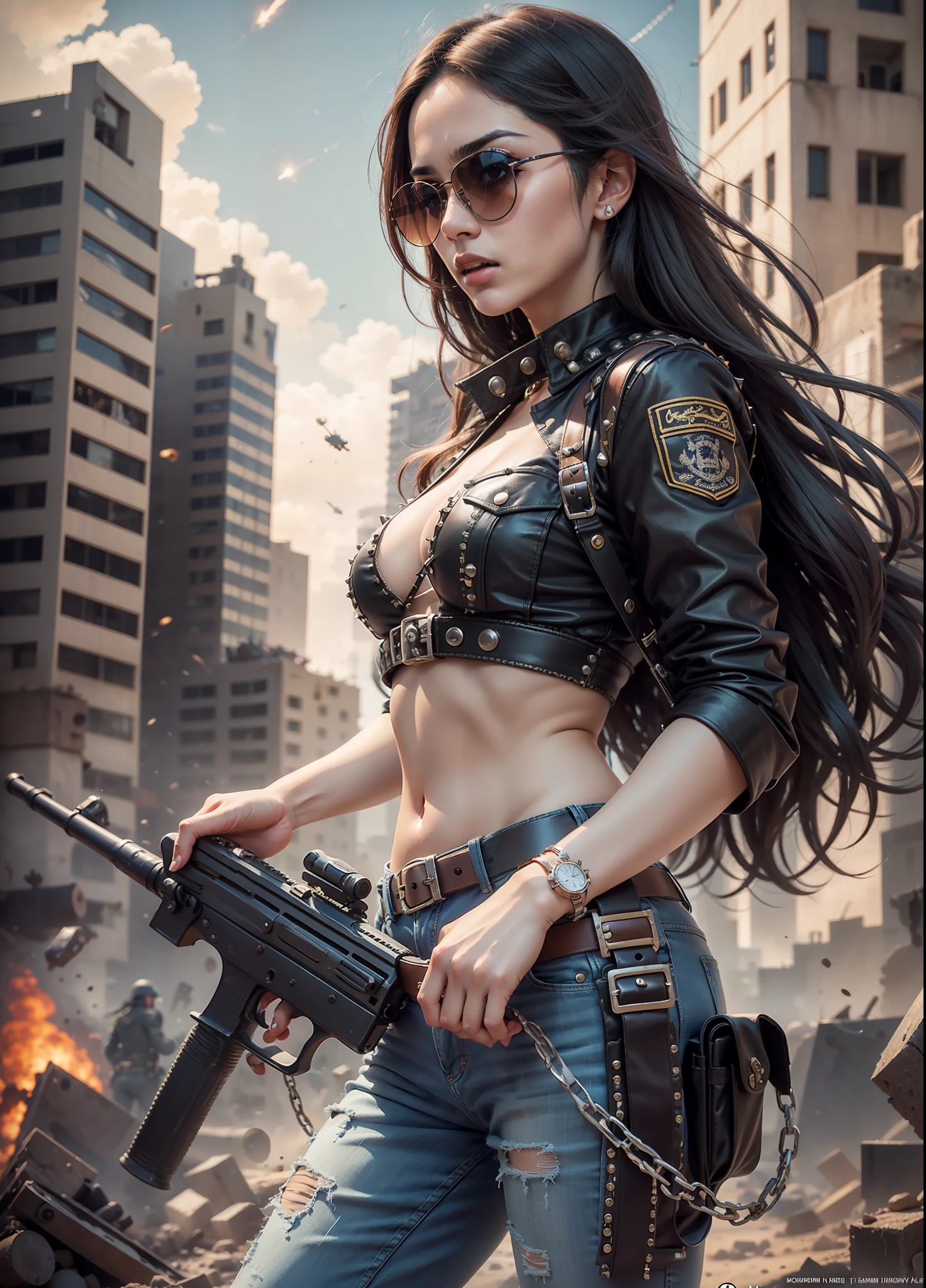 Arab movie poster, beautiful woman, medium dark long hair, sunglasses, black jeans, belt, rivets, holster, with big gun in hand, rivets, explosions, city, ruins, aliens invades, just one body