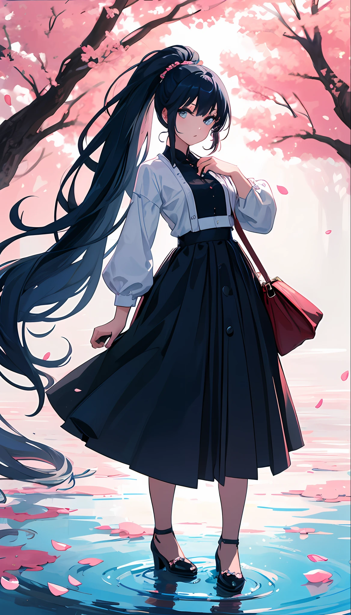 (masterpiece), (best quality), (ultra detailed),(disheed hair),(illustration), (1girl), (Fashionable clothing), standing, Fashion model, looking at viewer, (interview), (simple background), beautiful and delicate eyes, delicate beauty, floating, (high saturation), (colorful splash), colorful bubbles, (shine), focus on face, ponytail, mamiji cherry blossoms, dark blue hair, bangs, hair circle, floating flowers, flowing hair, (shiny), best lighting, best shadow, full body