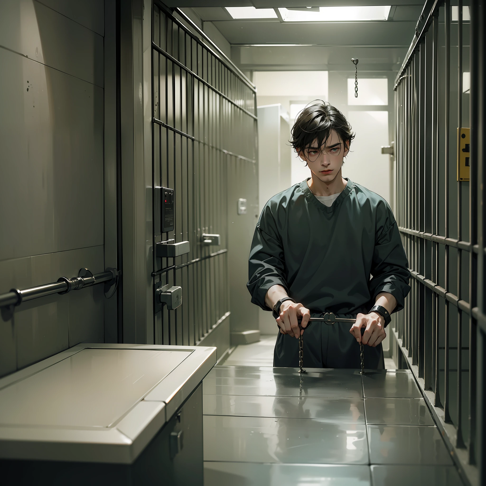 (A man stands behind iron bars, wearing handcuffs: 1.9) (His disheveled appearance and weary expression suggest a difficult situation: 1.8) (He wears a faded prison uniform, indicating his incarceration: 1.9) (The handcuffs on his wrists serve as a stark reminder of his confinement: 1.8) (The iron bars create a visual barrier, symbolizing his separation from the outside world: 1.9) (The cold, dimly lit environment adds to the sense of isolation and imprisonment: 1.8)