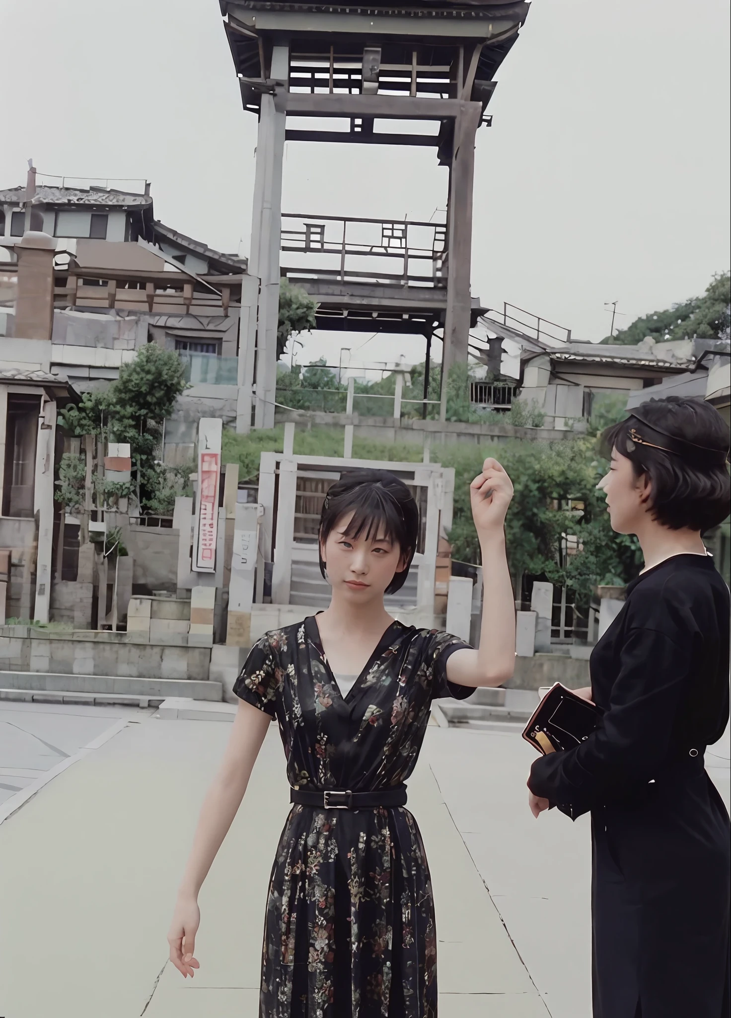 1 japanese, woman, black shorthair, china dress, movie still, 30mm lens, polaroid, analog photo, vhs, lomo, masterpiece, best quality, (film grain:1.1), ultra high res, RAW