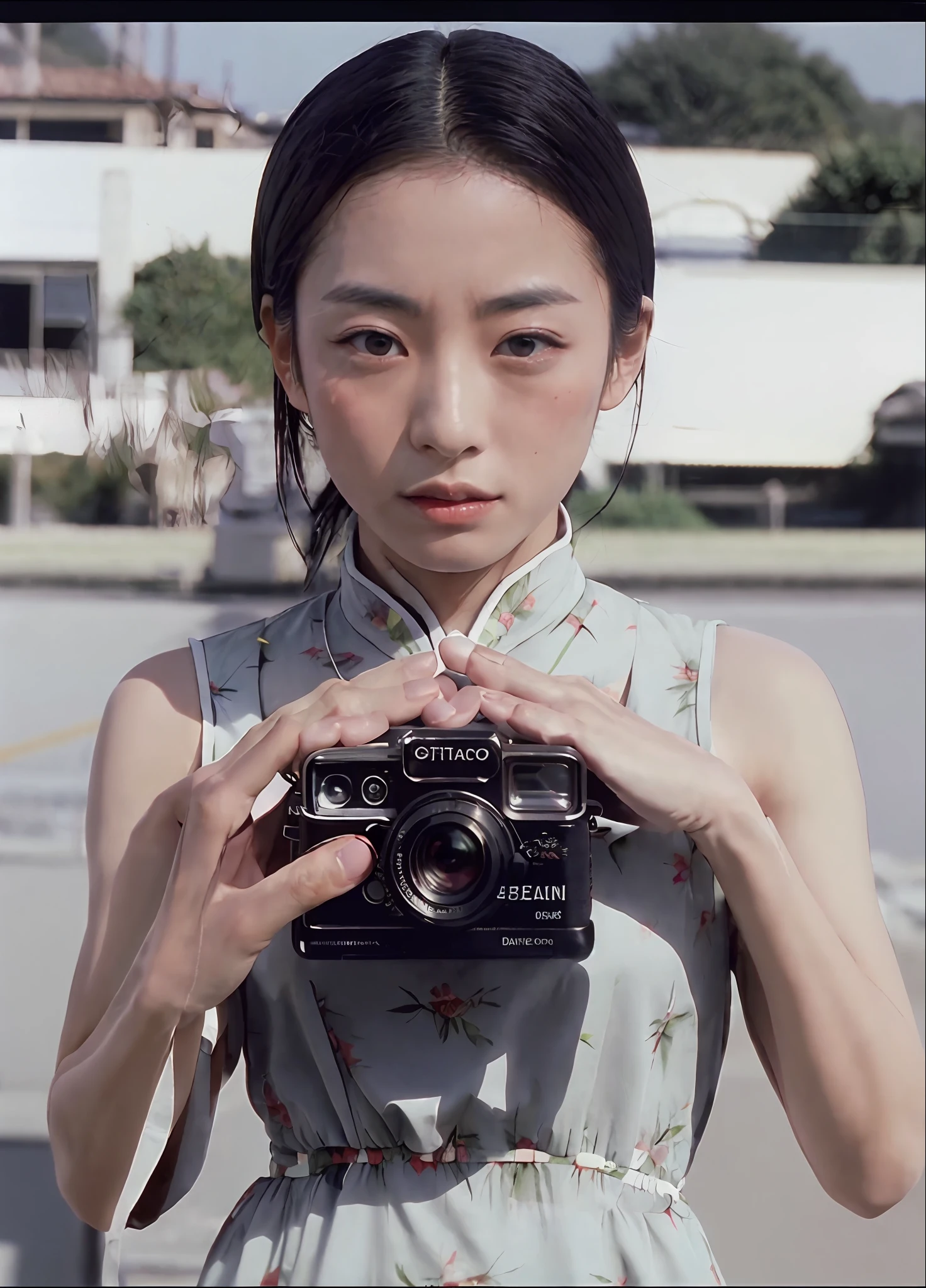 1 japanese, woman, black shorthair, china dress, movie still, 30mm lens, polaroid, analog photo, vhs, lomo, masterpiece, best quality, (film grain:1.1), ultra high res, RAW