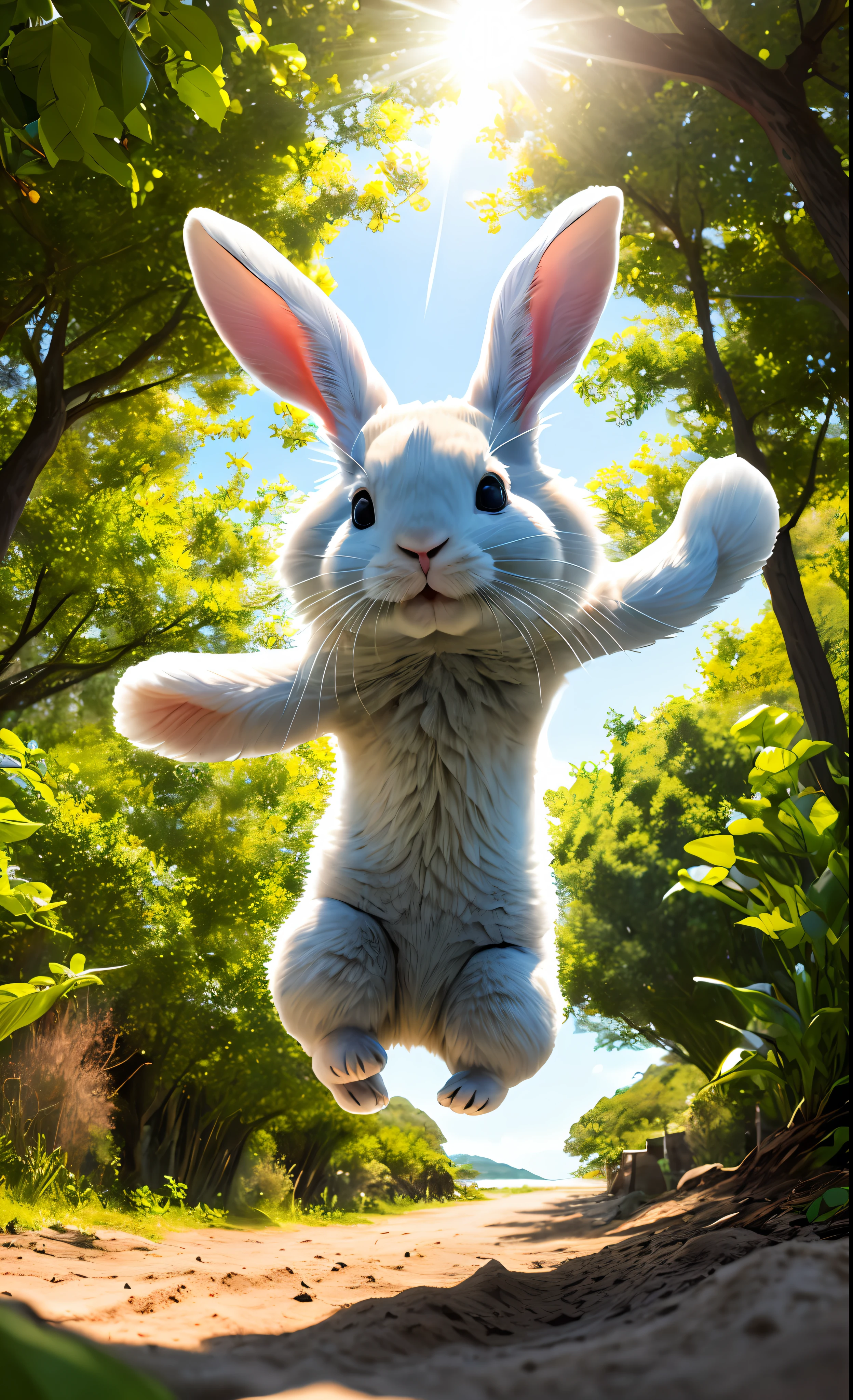 ((masterpiece, best quality)), soil, animal ears, fluffy rabbit, rabbit ears, jumping, beach, outdoor, full body, animal, sunlight, sunlight dappled, daytime, depth of field --v6