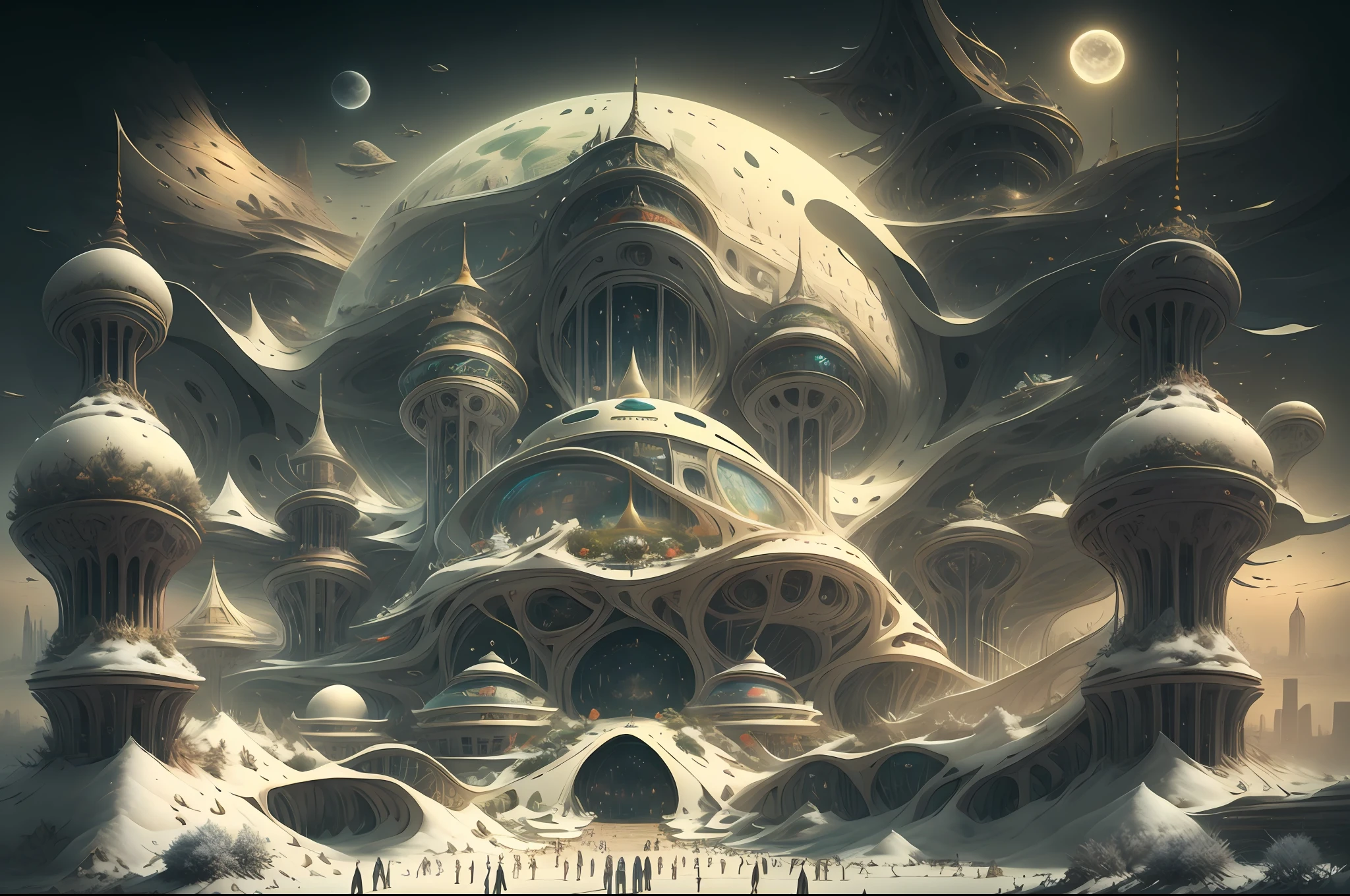 there is a large futuristic masterpiece Arabian palace in the middle of a futuristic arabian city with a moon, in fantasy sci - fi city, sci-fi fantasy wallpaper, masterpiece Quranic art cityscape, epic Quranic art sci fi illustration, huge futuristic Quranic art city, fantasy scifi, sci-fi fantasy desktop wallpaper, Quranic art city background, in front of a fantasy city, fantasy city, in a castle on an alien planet with masterpiece Quranic art