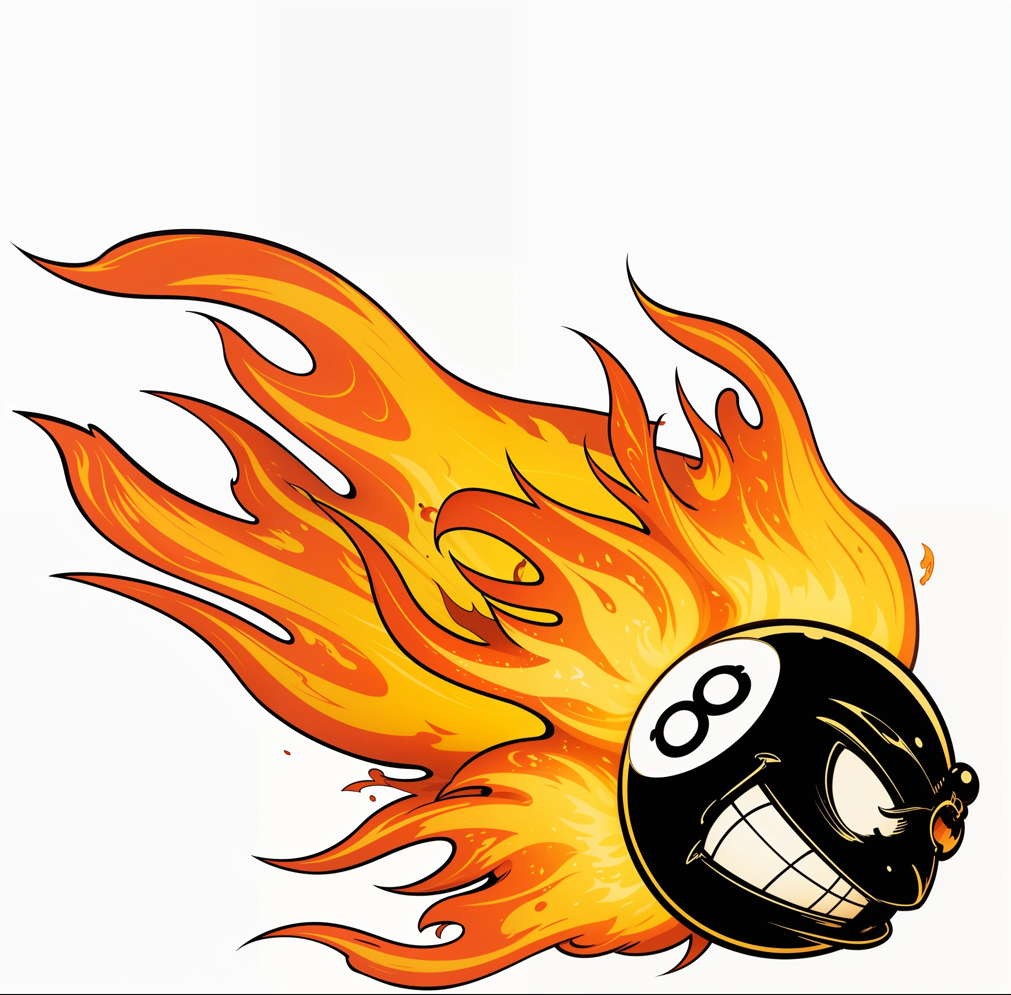 8 Billiards Ball Style Cartoon Smiling with a Golden Tooth with Flames, Drawing Vector, 2D --auto --s2
