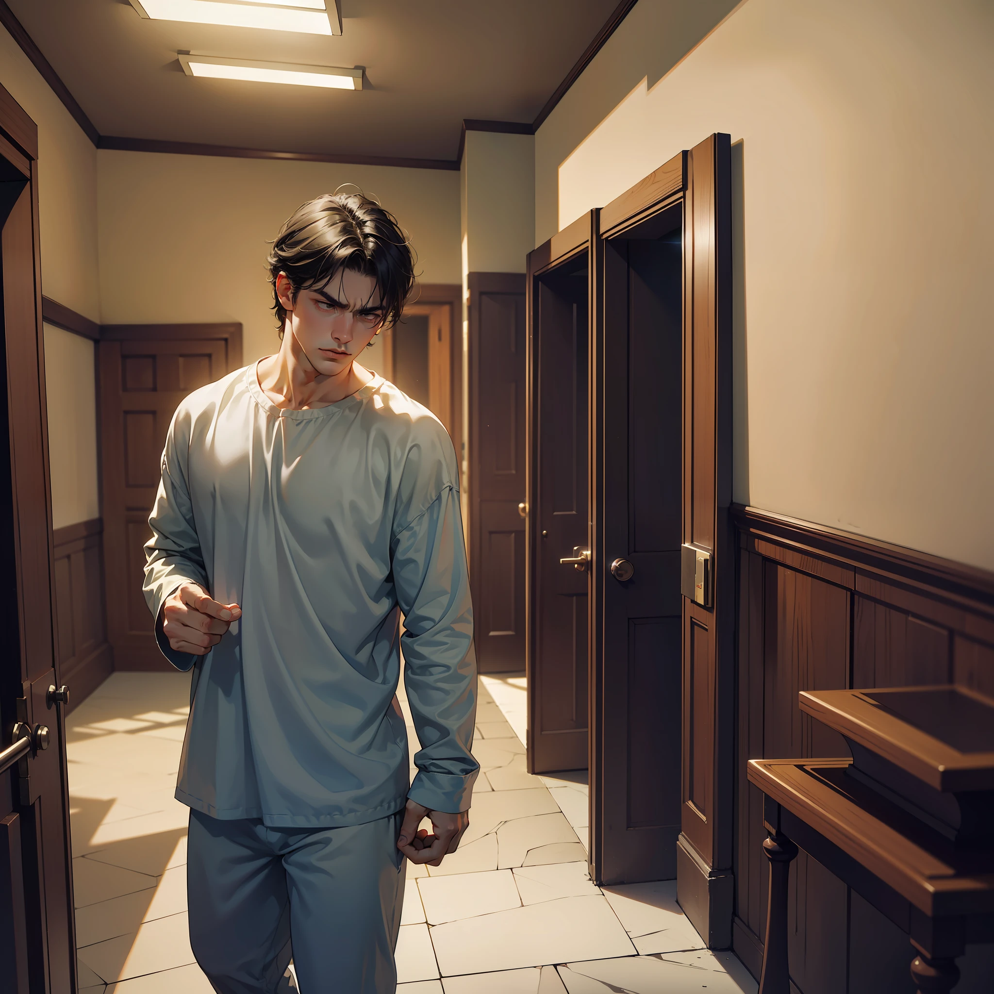 (A man wearing pajamas stands outside the room, bowing his head and clenching his fists: 1.9) (His disheveled hair falls onto his face, adding to the intensity of his expression: 1.8) (The loose-fitting pajamas hang off his body, emphasizing his casual attire: 1.9) (His brows furrowed with determination, showcasing his inner strength: 1.8) (The dimly lit hallway creates a tense atmosphere, amplifying the emotion: 1.9)