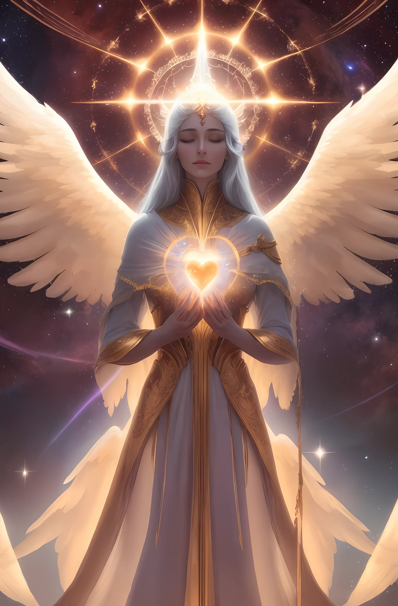 A woman with white hair holding a heart in her hands, eyes open, brilliant angelic being, elven angel meditating in space, goddess of light, ethereal angelic being of light, celestial goddess, blue angelic light, an angel of dawn light, majestic full-bodied angel, tall, angelic female angel, portrait of the queen of light, of the beautiful angel,  Archangel, blank canvas background