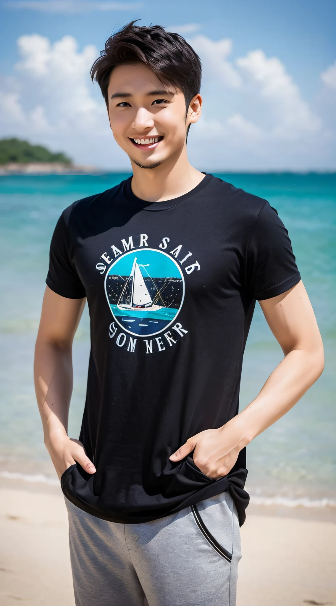 Male, about 25 years old, smile, sharp focus, full body (1.5), summer, T-shirt, wonderful, sea,