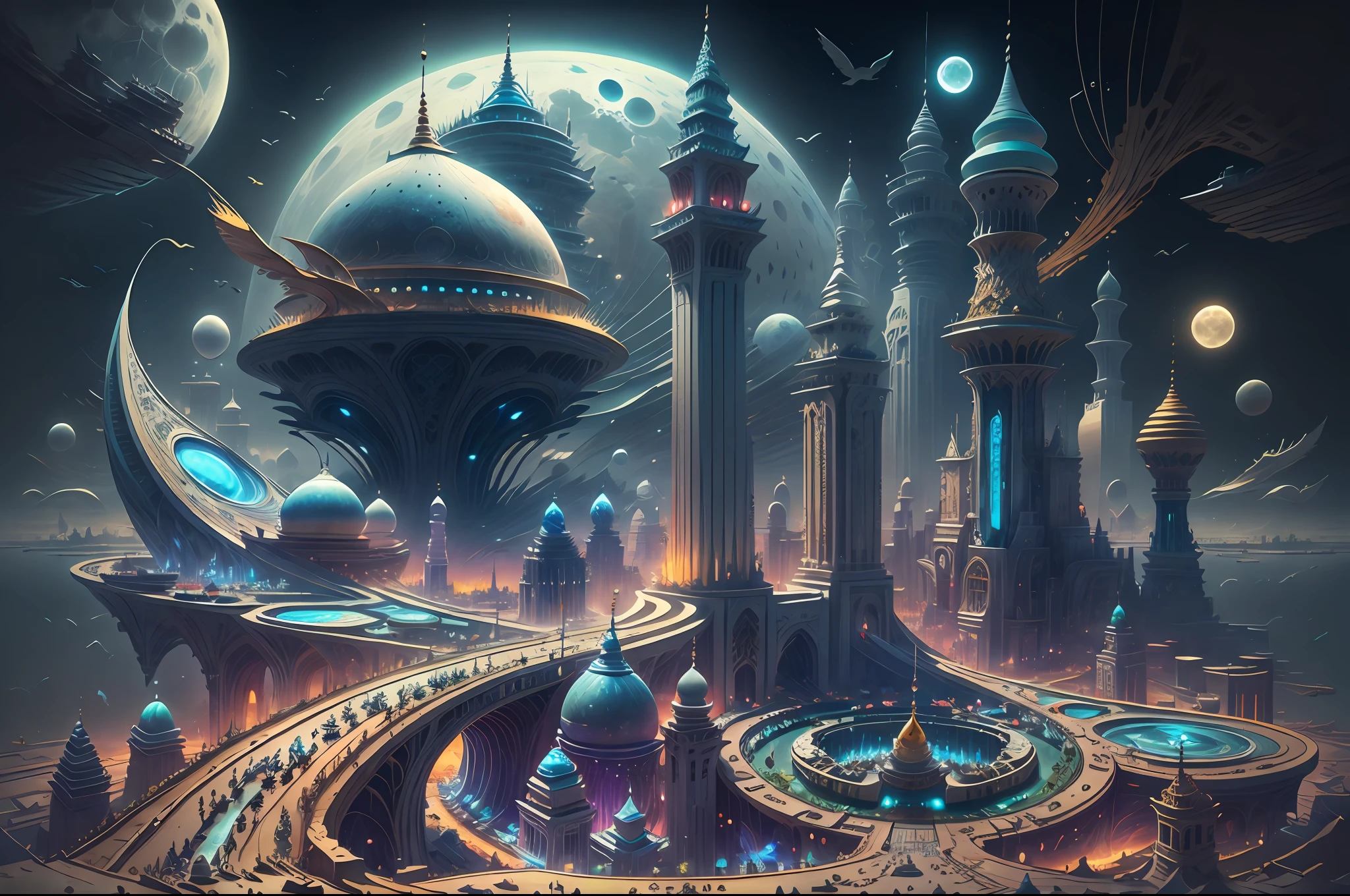 there is a large futuristic masterpiece Arabian palace in the middle of a futuristic arabian city with a moon, in fantasy sci - fi city, sci-fi fantasy wallpaper, masterpiece Quranic art cityscape, epic Quranic art sci fi illustration, huge futuristic Quranic art city, fantasy scifi, sci-fi fantasy desktop wallpaper, Quranic art city background, in front of a fantasy city, fantasy city, in a castle on an alien planet with masterpiece Quranic art