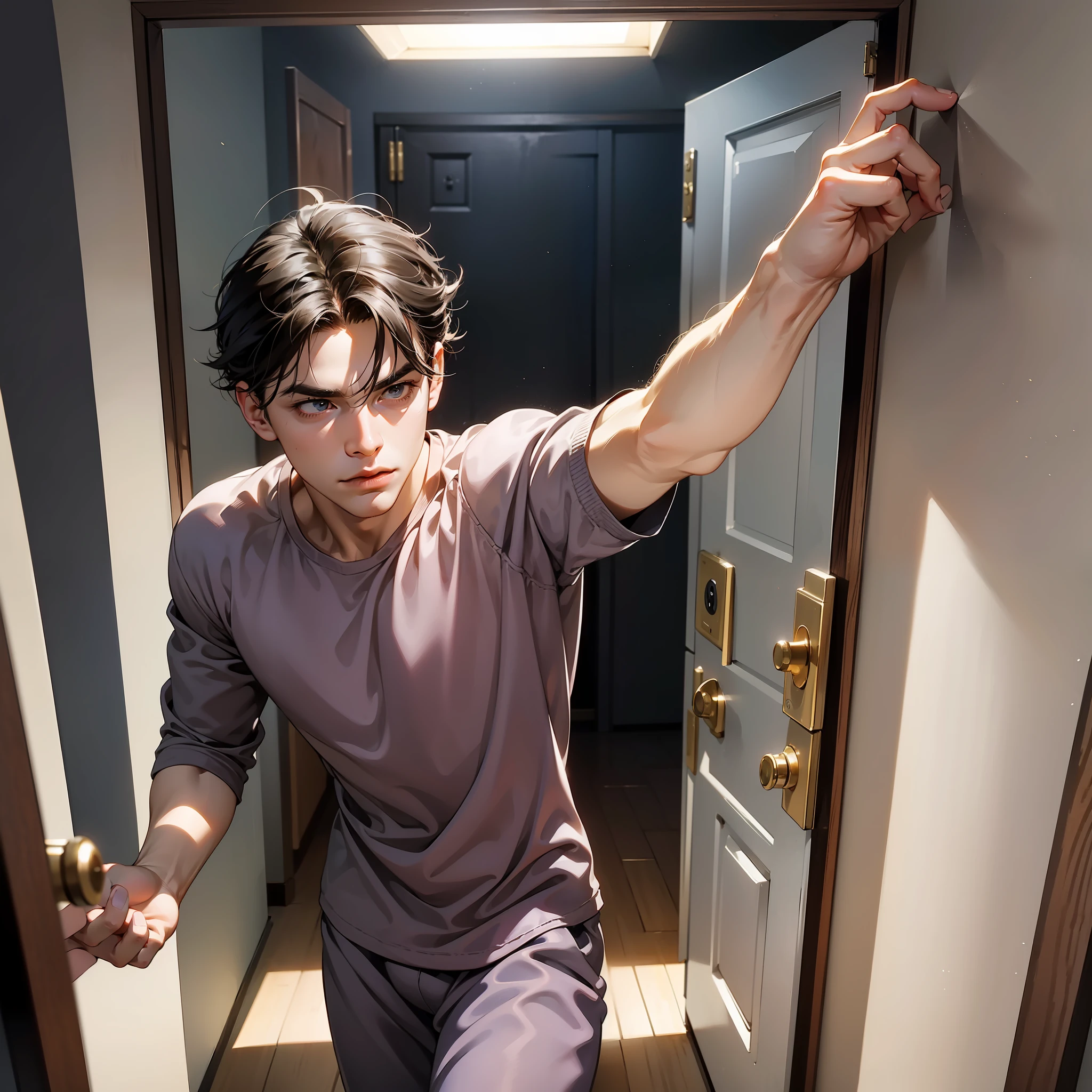 (A man wearing pajamas forcefully kicks open the door: 1.9)(His determined expression and focused gaze reveal his determination: 1.8)(Despite his casual attire, his action demonstrates strength and resolve: 1.9)(The sound of the door crashing against the wall echoes through the room: 1.8)(The force of the kick creates a sense of urgency and determination: 1.9)(The room beyond the door remains unseen, leaving the outcome of this action to the imagination: 1.8)