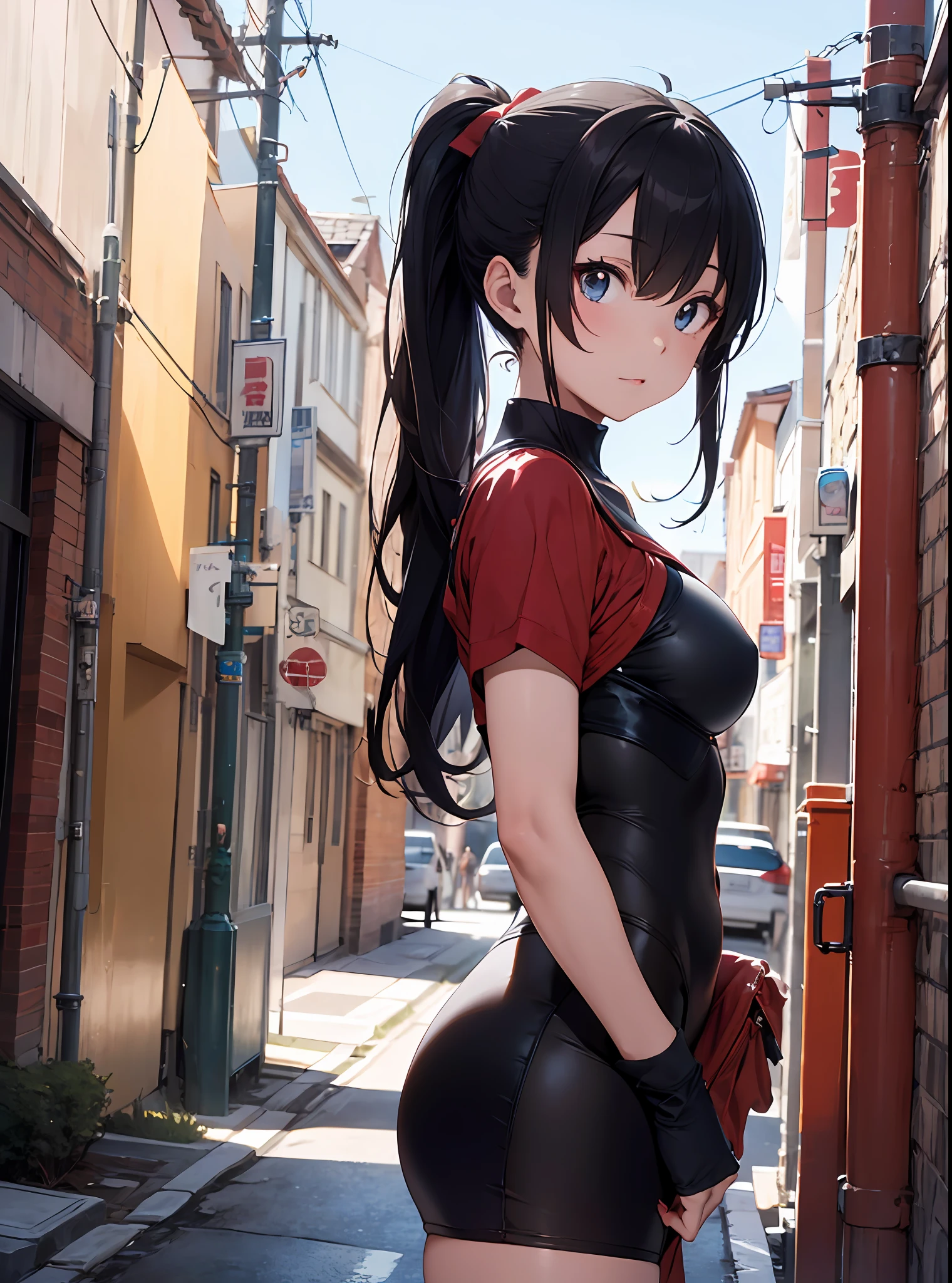 8K photo, f/1.8, ultra-realistic, neat beauty, beautiful cut eyes, about 20 years old, Soryu Asuka Langley similar beauty, ((ponytail hairstyle)), plug suit , whole body shot