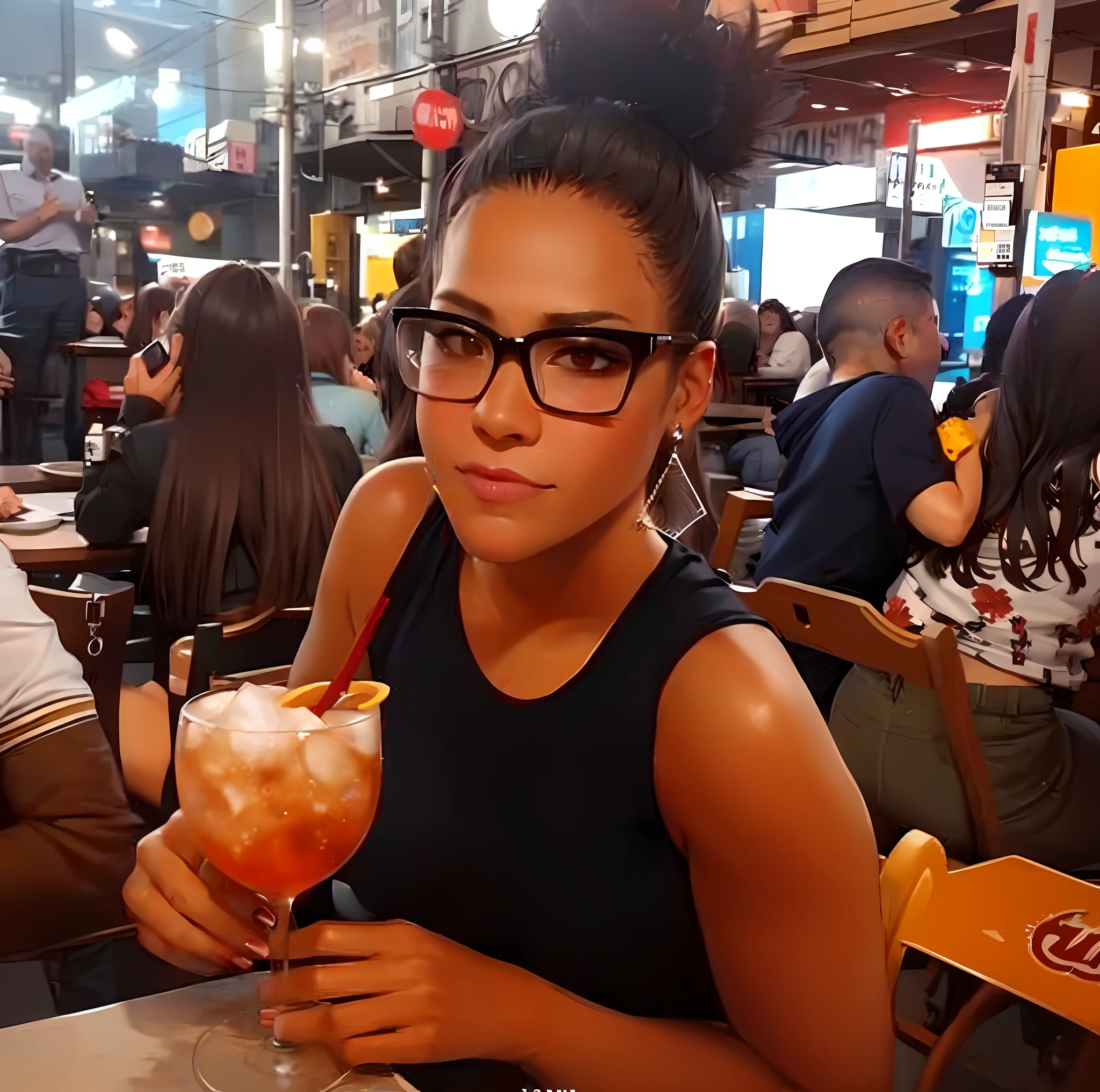(((highresolution 1.5))), (((Beautiful lips))), (Modelshoot style), there is a woman sitting at the table with a drink in her hand, a 23-year-old curly-haired black woman, looks like fabiula nascimento, by Nándor Katona, with a drink, by Ceferí Olivé, alanis guillen, profile picture, beautiful lady, taken in early 2020, (highly detailed skin: 1.2), 8k uhd,  dslr, Dramatic Rim light, high quality, Fujifilm XT3,