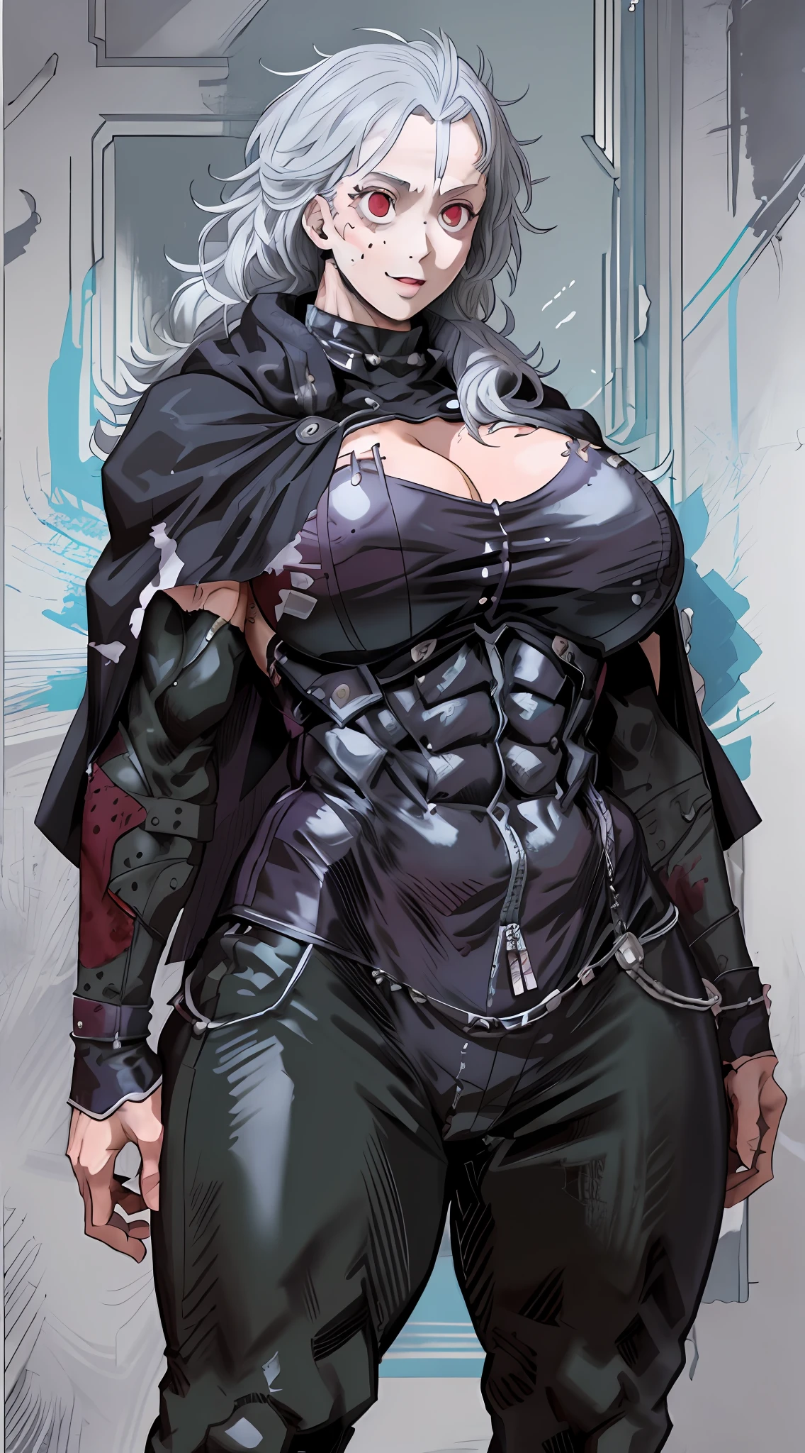 noi_dorohedoro, noi, muscular girl, huge chest, tall woman, priestess, martial art, modest, fully clothed, bent,, pants, cloak, priestess, holy, smile, coat, medieval, unmasked, nun, cloak,, black body suit