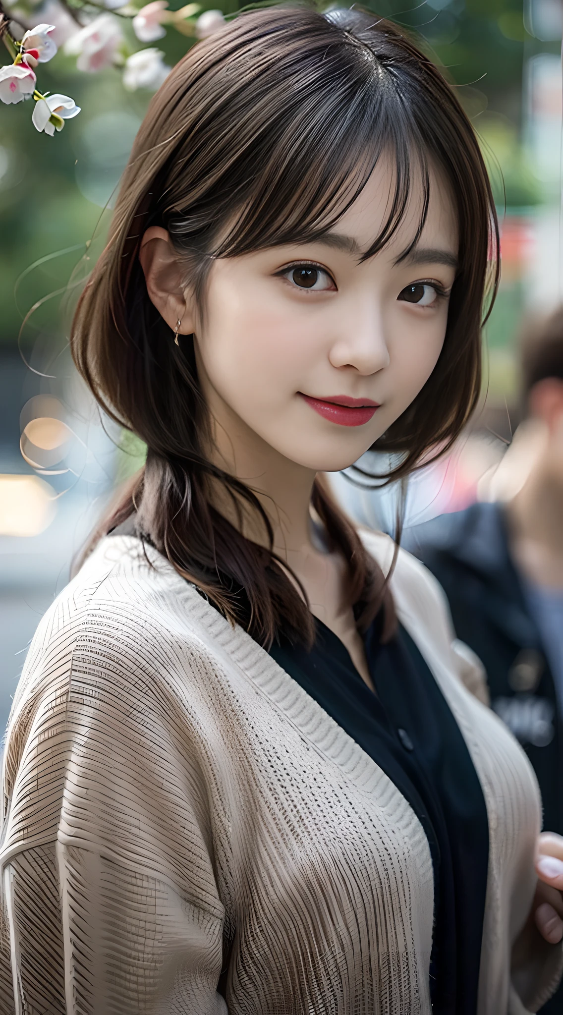 (japanese), (cute), (woman), (adult head), (casual clothes), (good body), (best proportions), sideways glance, park, sakura, tokyo, japan, social media composition, realistic, black hair, parted bangs, smile, blush, wide shot, f/2.8, 35mm, Sony FE, bokeh, Ultra-Wide Angle, ray tracing, cinematic lighting, 8k, best quality, super detail, textured skin, masterpiece