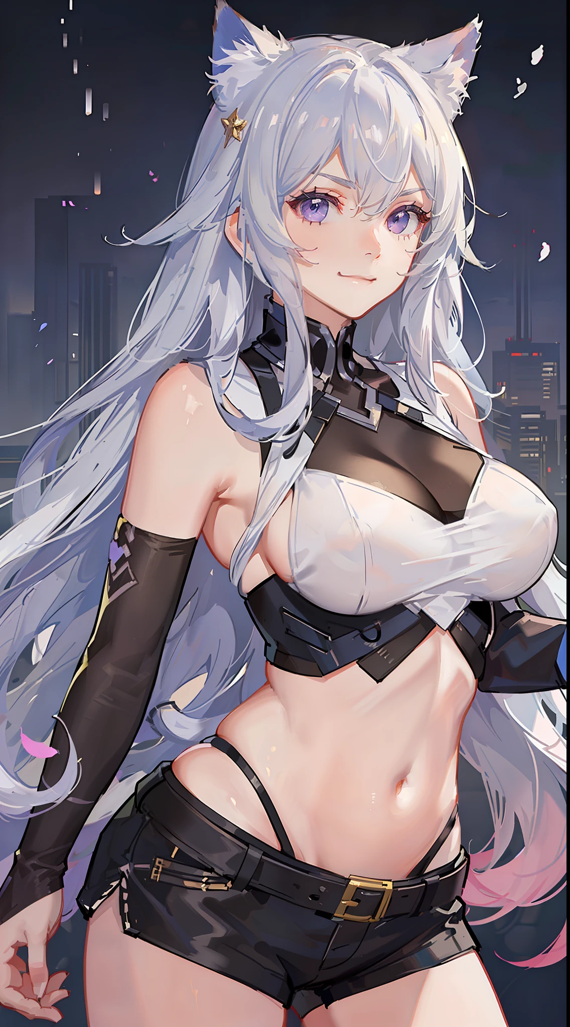 Young girl, long white hair, purple eyes, cat ears, superhero uniform, shorts, sleeveless, open belly, inner sideboob, smirk, masterpiece, high quality
