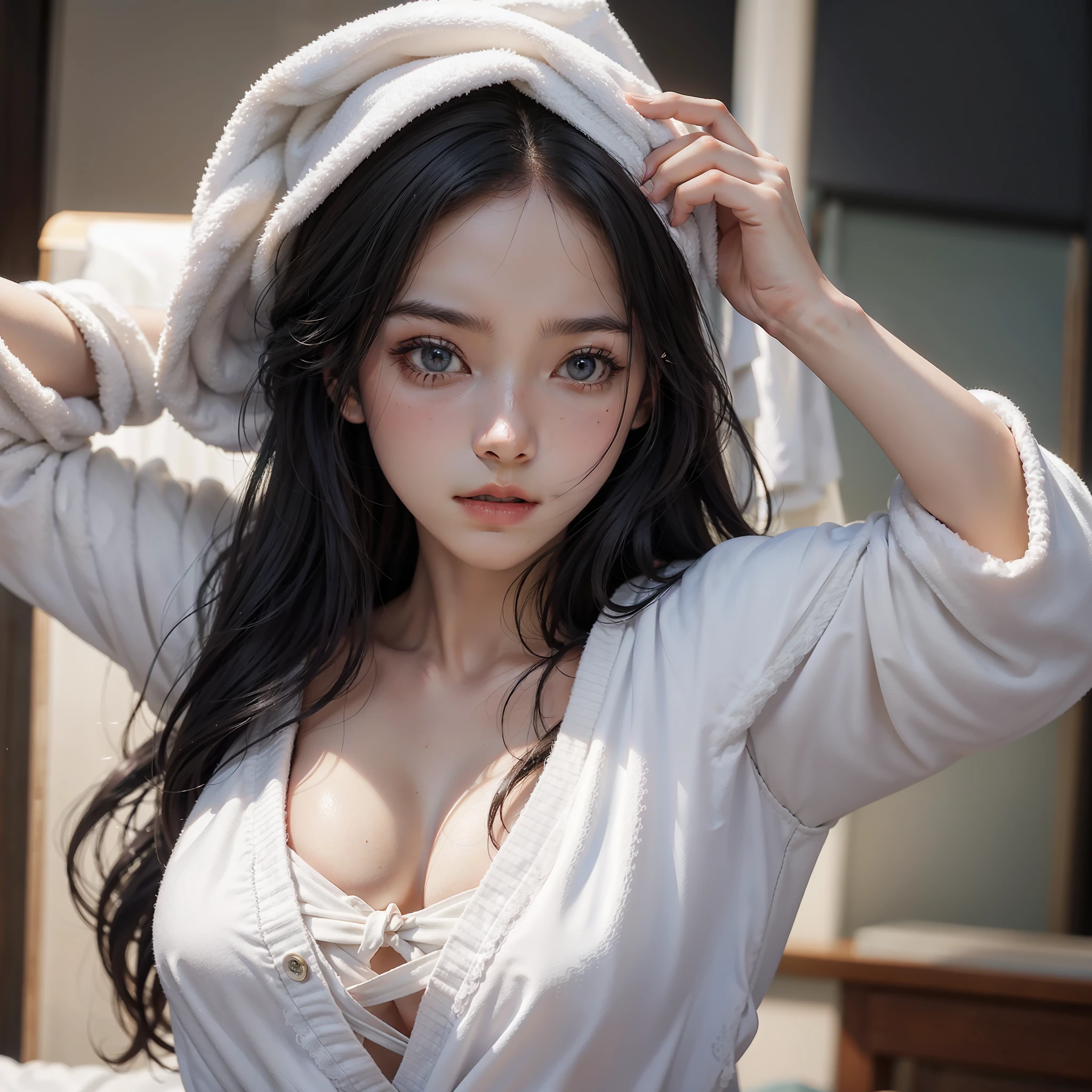 （A woman lies on the bed, frantically using a towel to cover her body: 1.9）（Her eyes widen with fear and her body language displays panic: 1.8）（She clutches the towel tightly against herself, trying to shield her modesty: 1.9）（Her expression reveals embarrassment and vulnerability: 1.8）（The suddenness of her actions suggests that she may have been caught off guard or unexpectedly exposed: 1.9）（The surrounding environment and the reason behind her distress are left to the imagination: 1.8）
