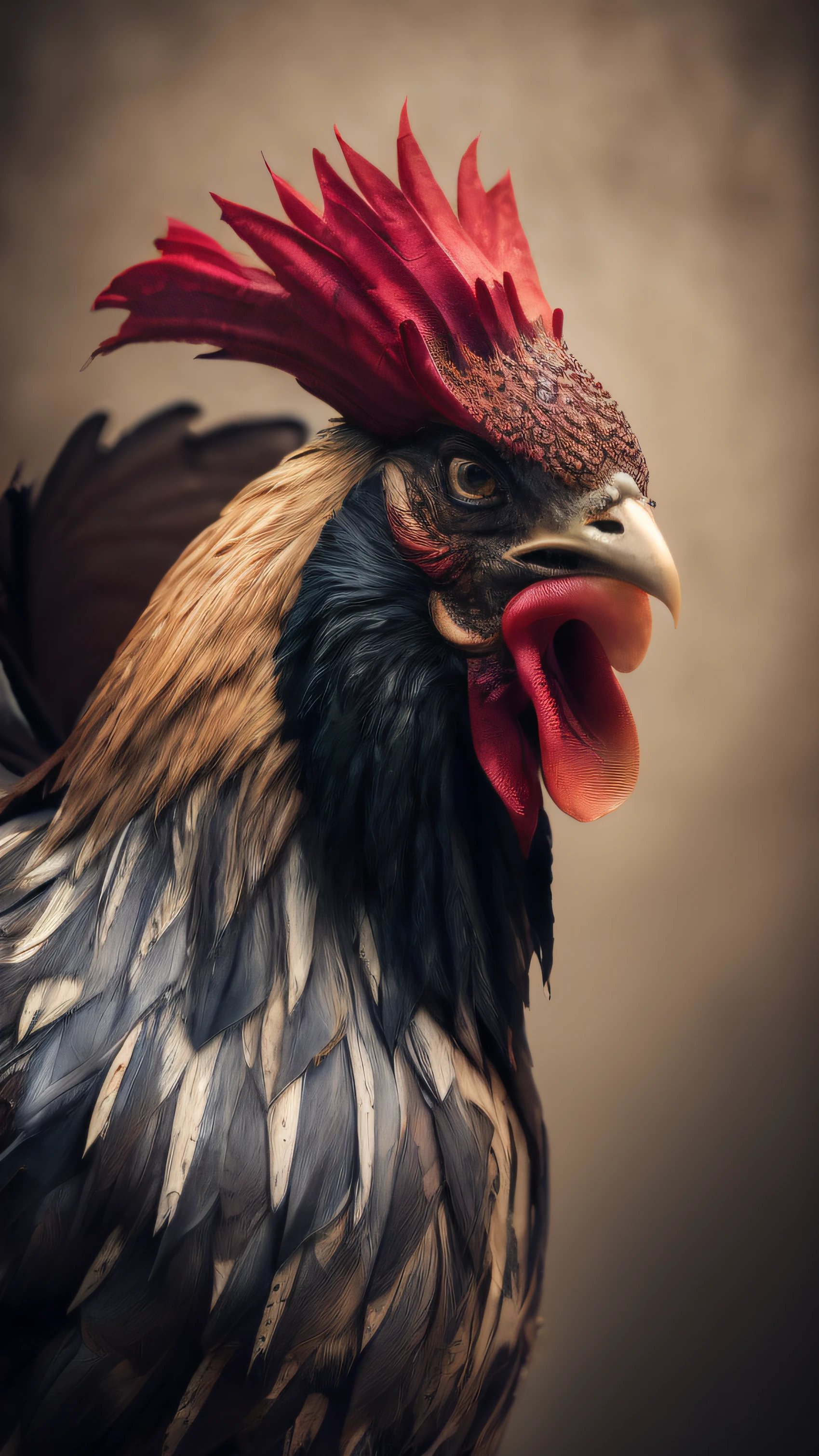 . Rooster with large fangs, in the style of Viking and hr giger, realistic photo, ultra details, natural light, light background, photo, Studio lighting cinematic photography + dynamic composition, incredibly detailed, sharp, details + intricate detail + professional lighting, film lighting + 35mm + anamorphic + lightroom + cinematography + bokeh + lens flare + film grain
