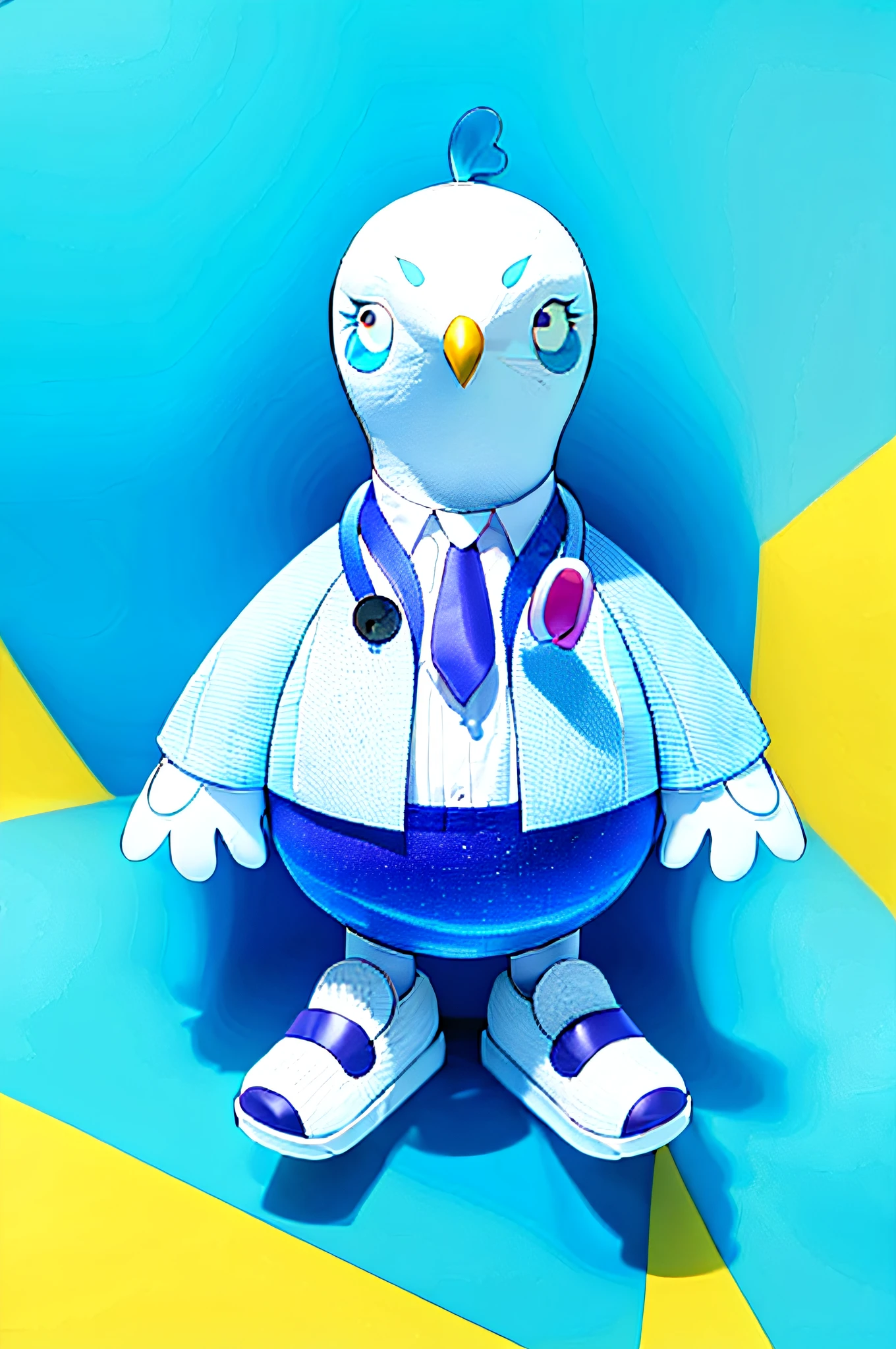 White bird in blue shirt, blue shoes, yellow long mouth with yellow tie, purple background, white feathers, thick arms