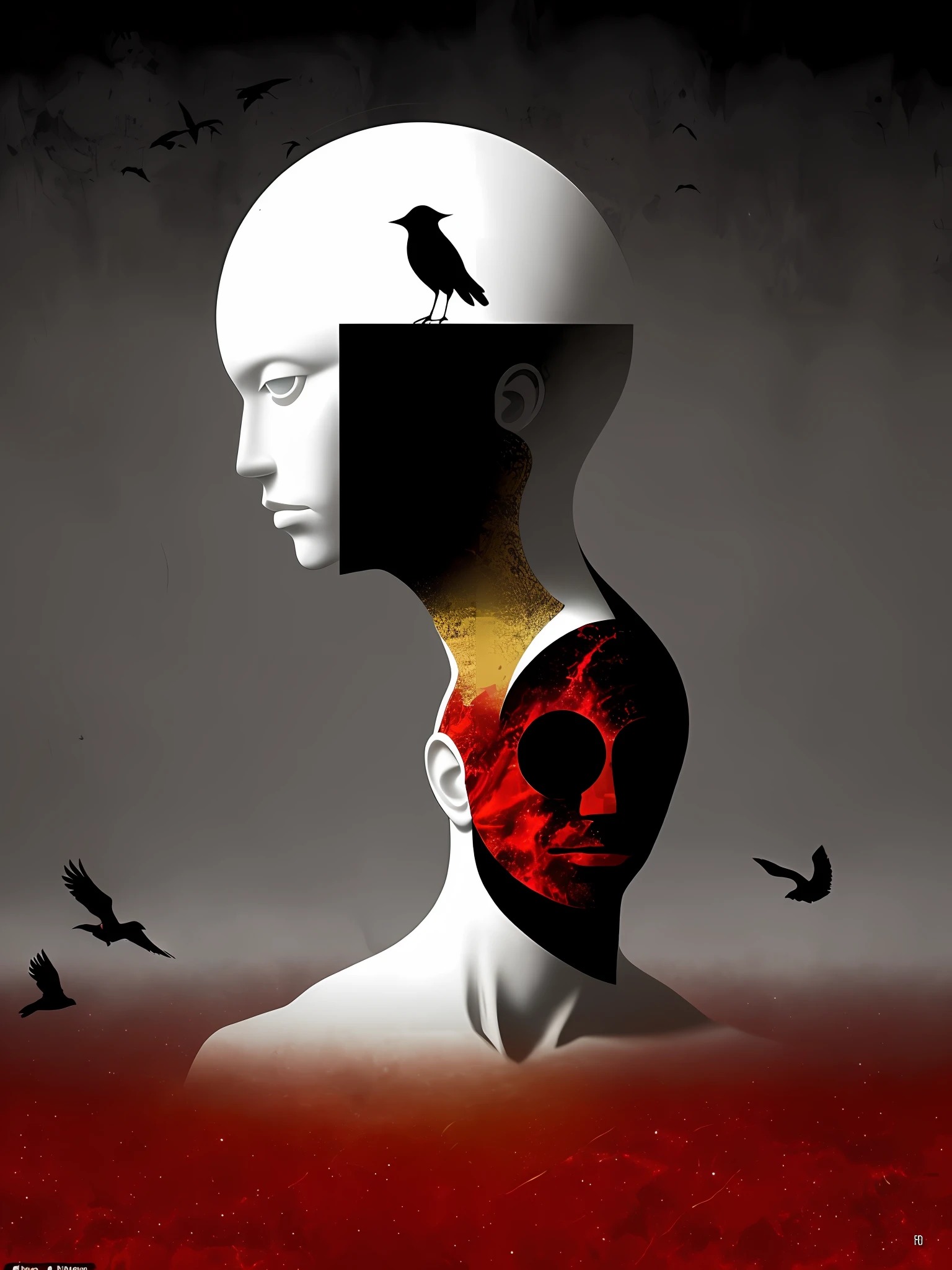 concept artwork, Salvador Dali+Rene Magritte+Architectural Art + b/w photography by Pierre Verger / style fusion / Red marble man's head floating with Black birds around/ mystical and spiritual atmosphere / dark tones / supernatural/Macro lens/Surreal juxtapositions/ Surrealism--ar 1080:1350 --c 12