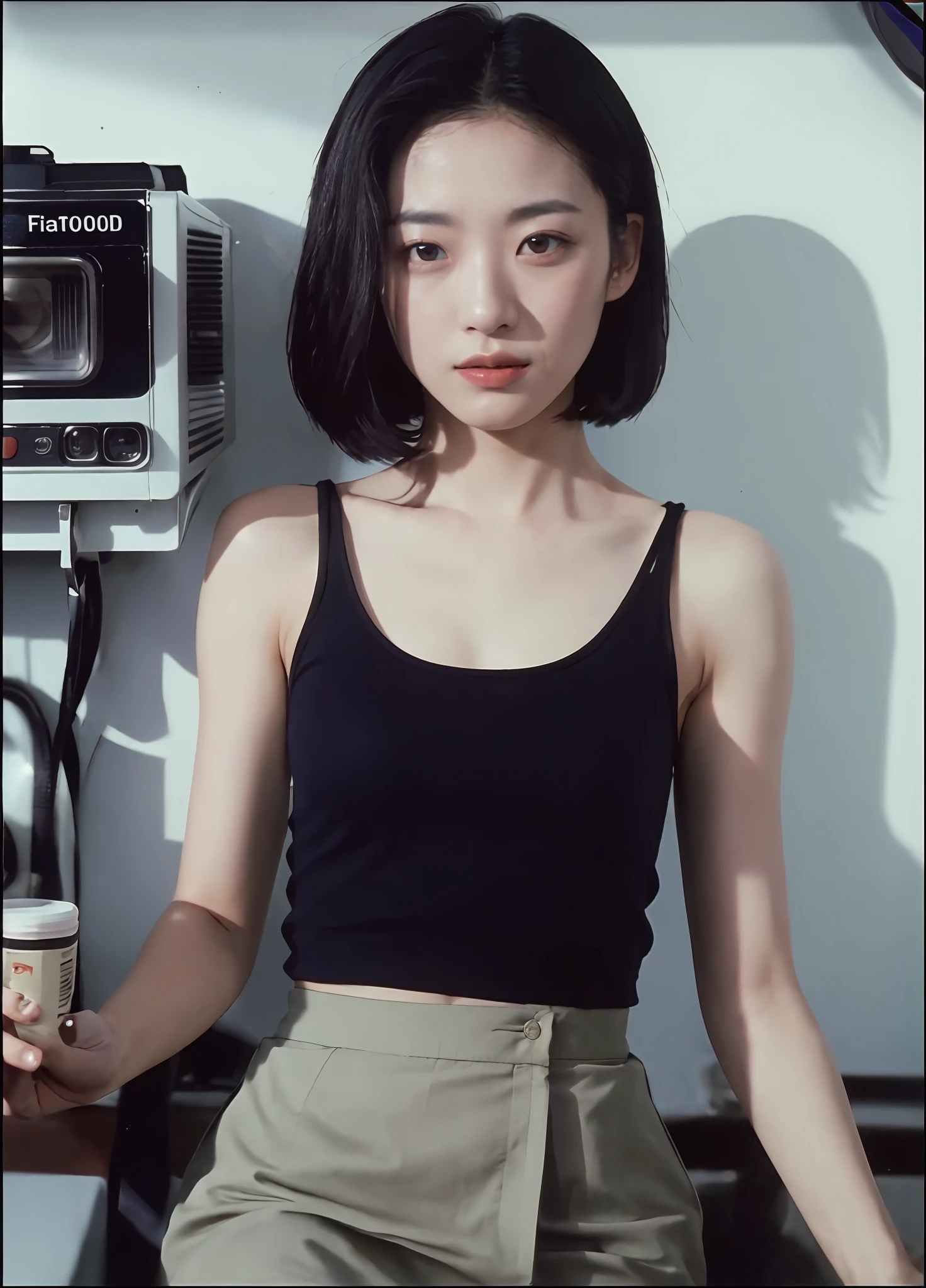 1 woman, black shorthair,tanktop, mini skirt, movie still, 30mm lens, polaroid, analog photo, vhs, lomo, masterpiece, best quality, (film grain:1.1), ultra high res, RAW