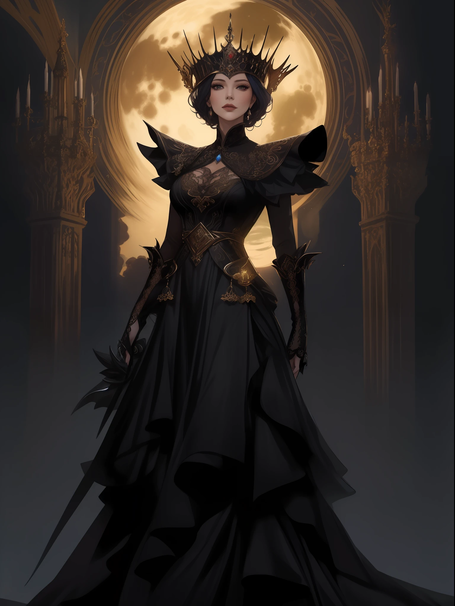 arafed image of a woman in a black dress with a full moon in the background, cate blanchett as medieval queen, iu lee ji-eun as a super villain, intricate costume design, diablo 4 queen, a beautiful fantasy empress, by Arthur Pan, inspired by Zhou Wenjing, ((a beautiful fantasy empress)), fantasy character photo, dark sorceress full view