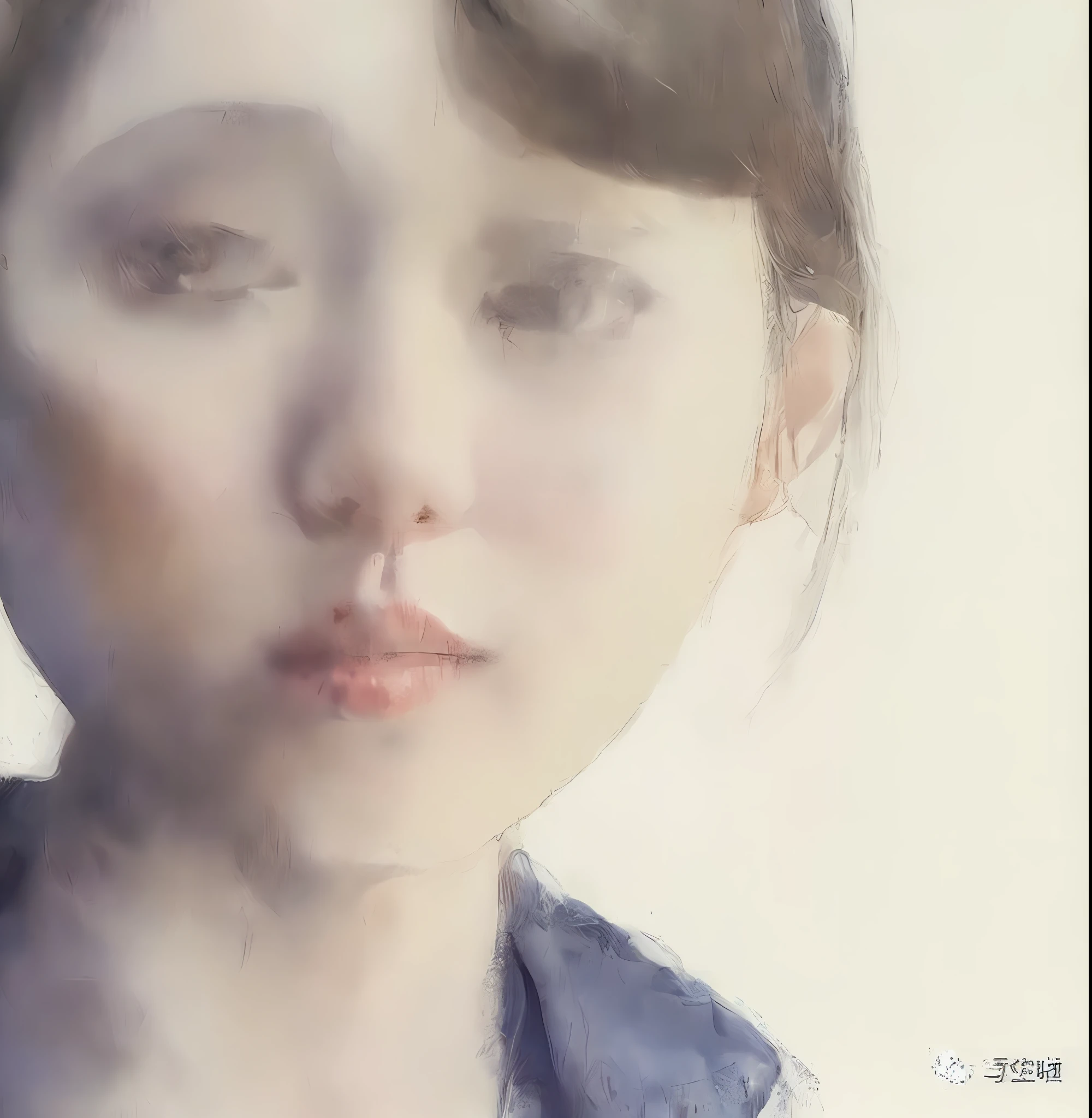 Close-up of a woman in a blue shirt and blue jacket, watercolor. "Seiichi" by Rusuke Fukahori, Kim Myeongkook, Iwao Takamoto, Zheng Jiaho, Kaiyudo Ando, Zheng Zen, Kiyochika Kobayashi